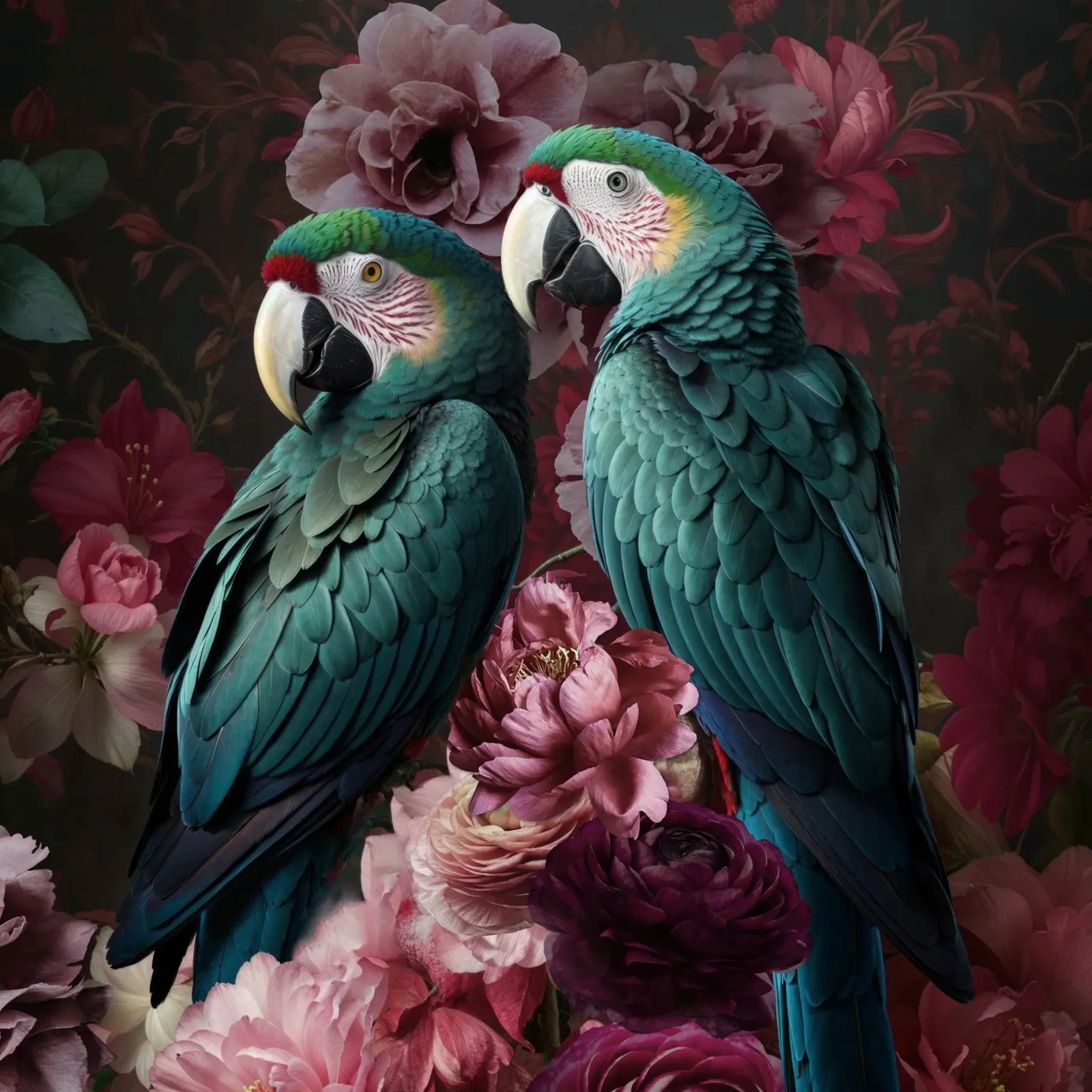 Giardino di mezzanotte con pappagalli alzavola poster con telaio in legno da Andrea Haase Vintage World