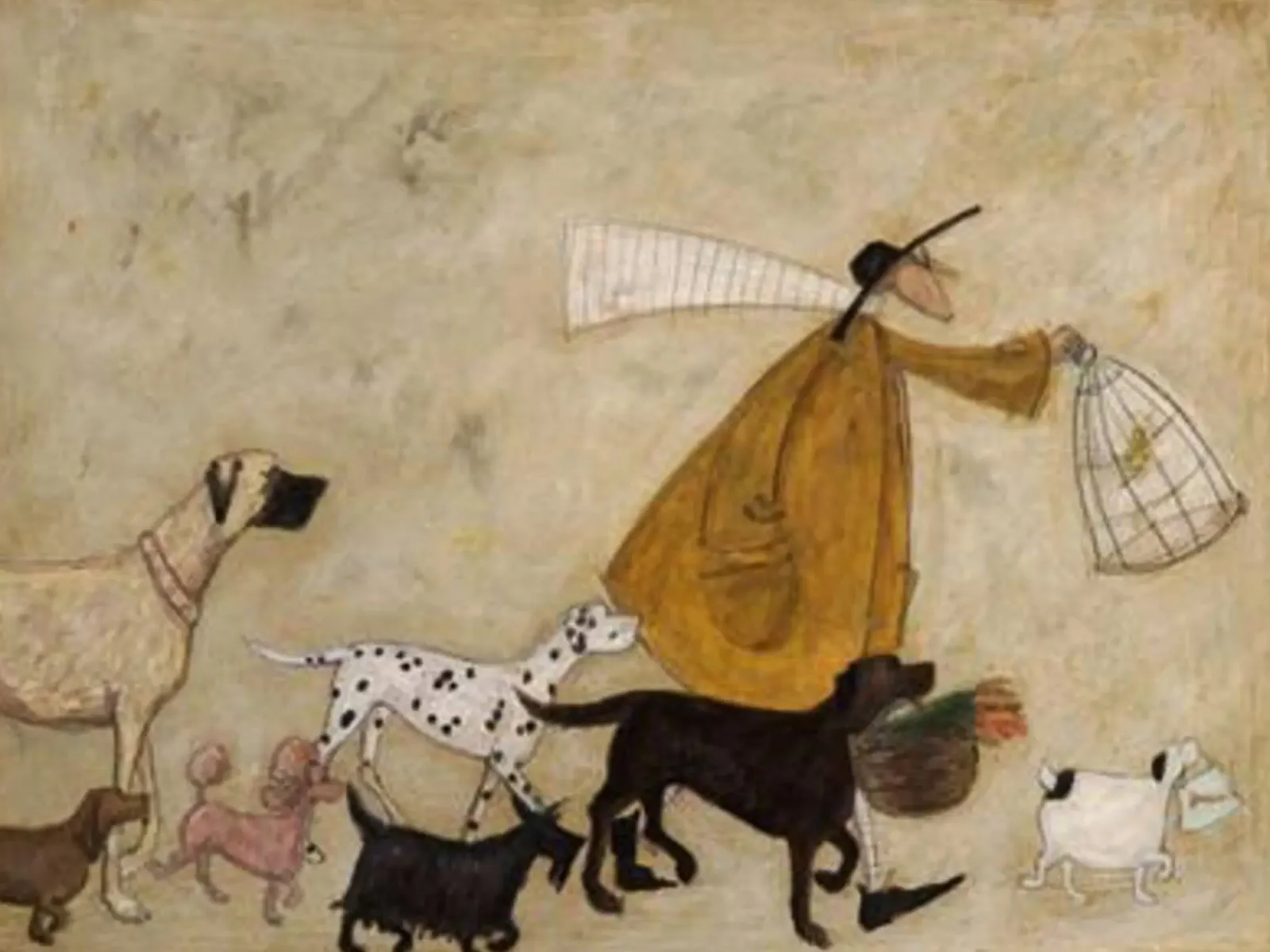 Visita a vecchi amici a Battersea di Sam Toft poster con telaio in alluminio da Patrick Mitchell