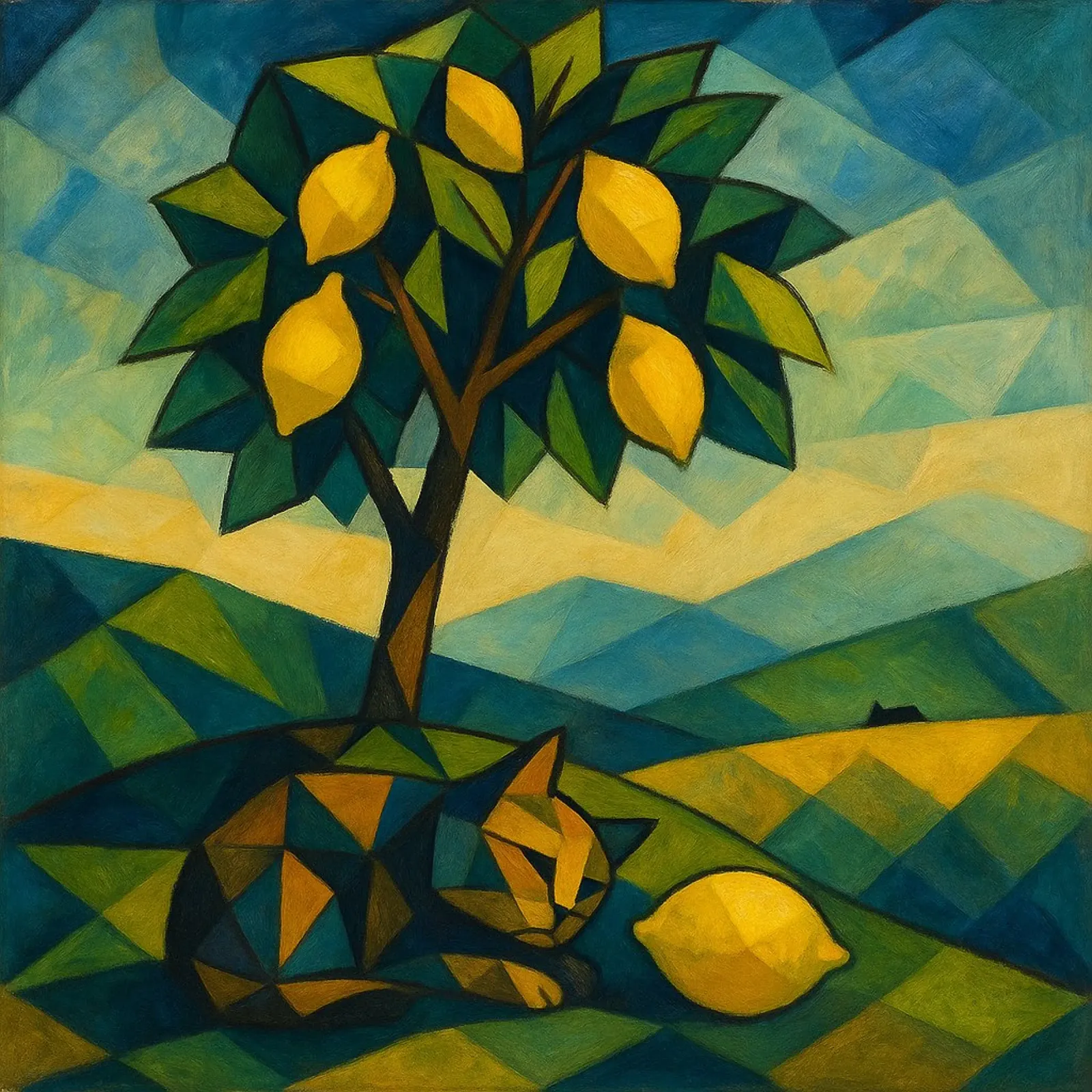 Cubist Lemon Hill with Distant Cat poster con telaio in plastica da LemonCat Studio
