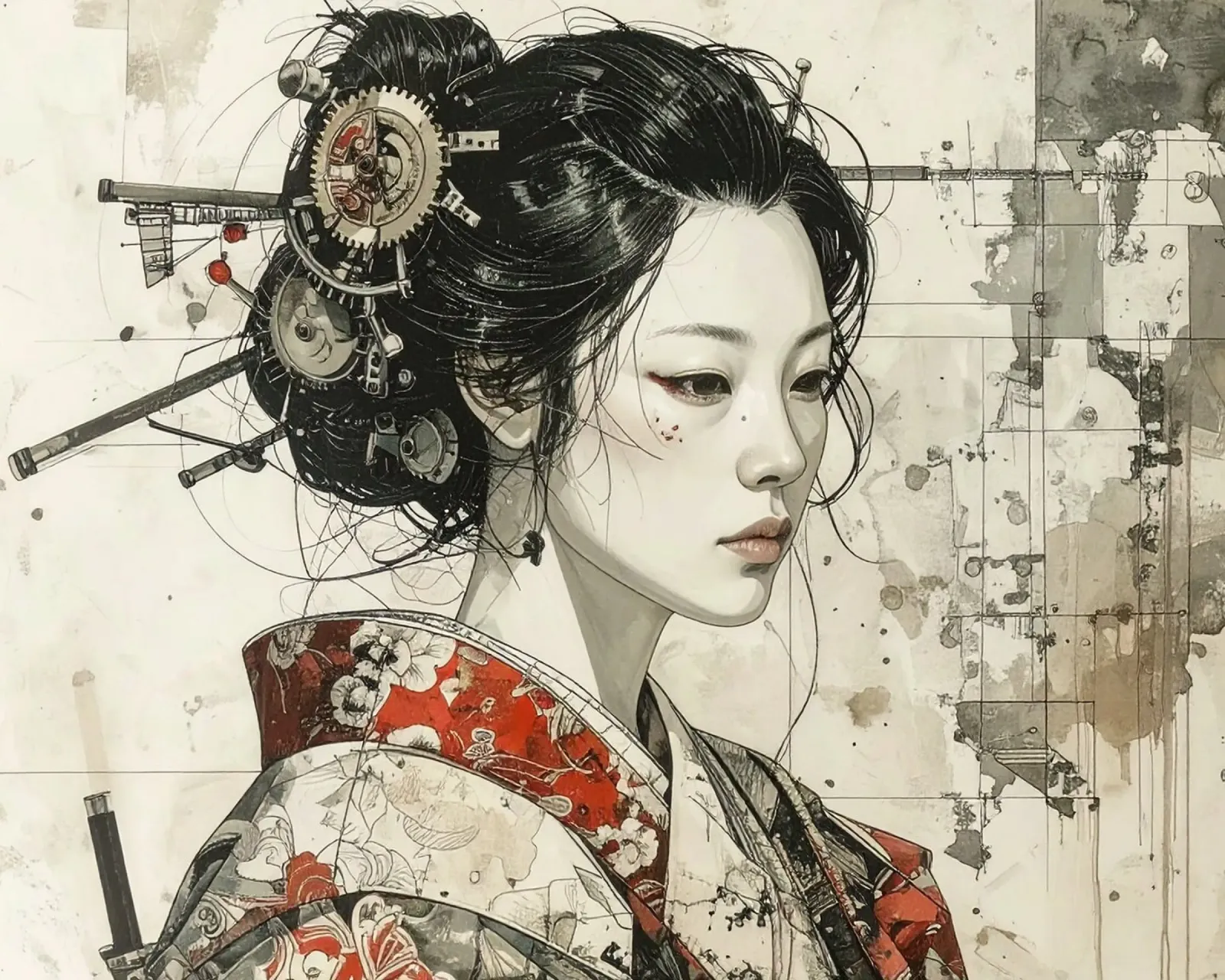 Middeleeuwse Japanse vrouwen en radertjes canvas met Baklijst van pixel
