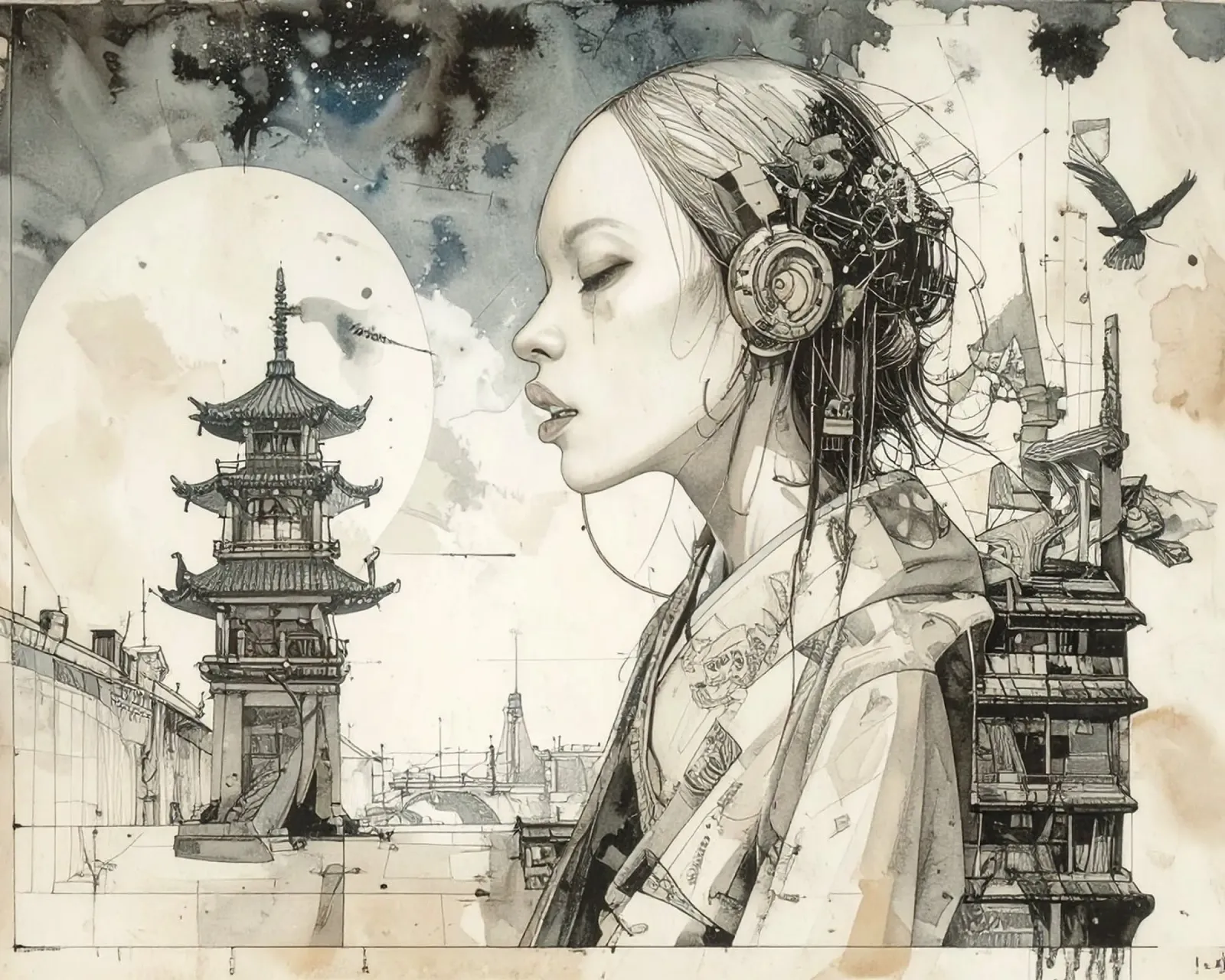 Robot Femme Japon carta hahnemühle da pixel