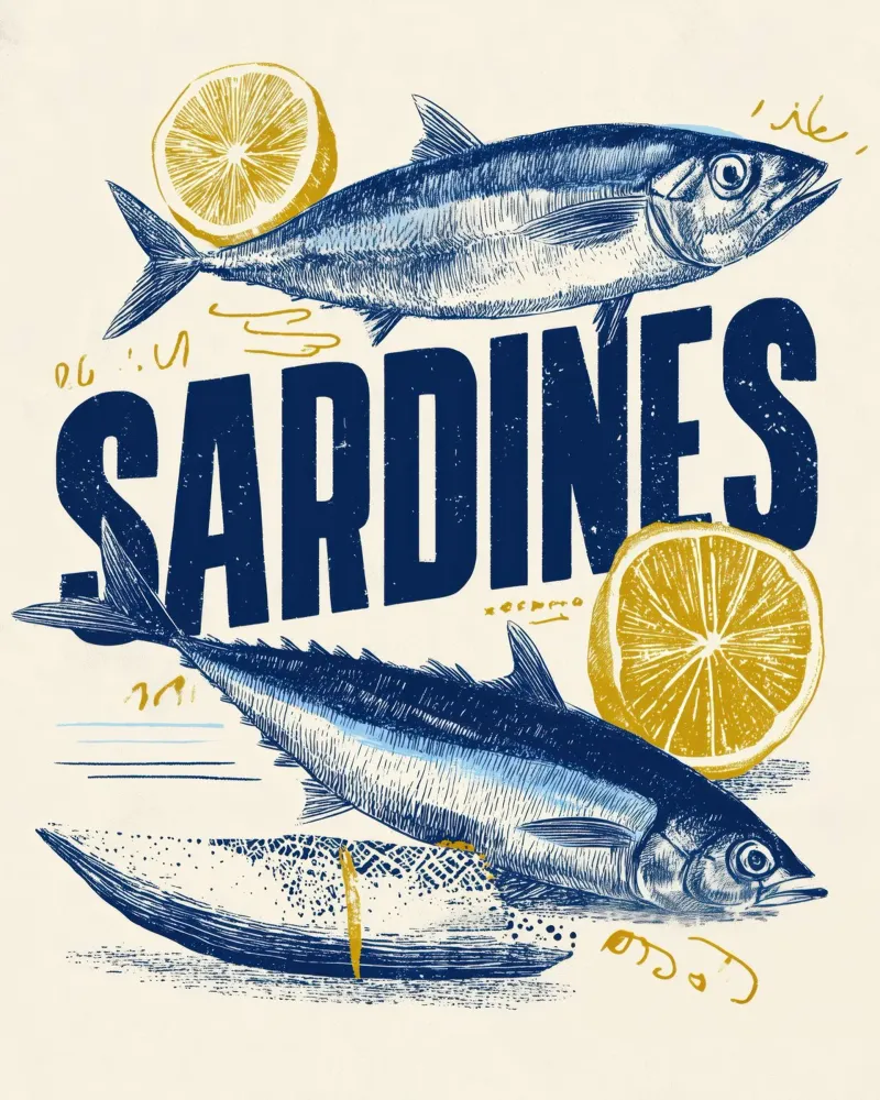 Fisch Sardinen & Zitrone Küche Kunst Coastal Marine Wall Print Poster von Kaji