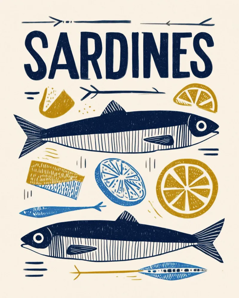 Minimalistische niedliche Sardine Fisch & Zitrone Küsten Marine Wandkunst Leinwand mit Schattenfugenrahmen von Kaji