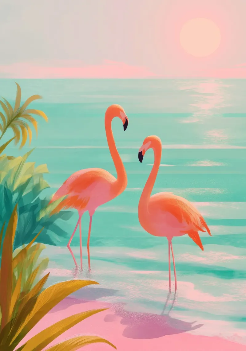Pink Horizon – Flamingos at Dusk poster con telaio in legno da Dune