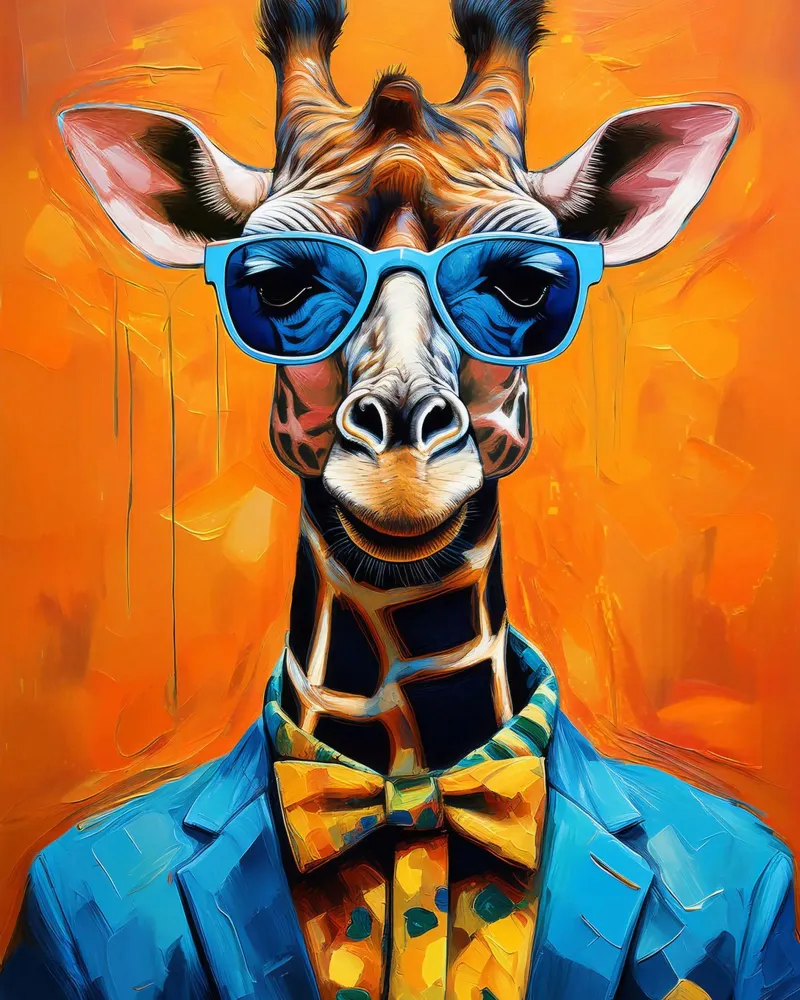 Ritratto di giraffa con occhiali da sole e vestito Pop Art poster con telaio in alluminio da Take Your Art BV
