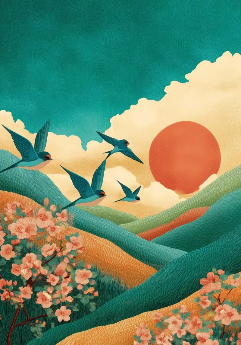 Swallows at Dawn – Flight Over Blossom Hills pellicola backlit da Dune