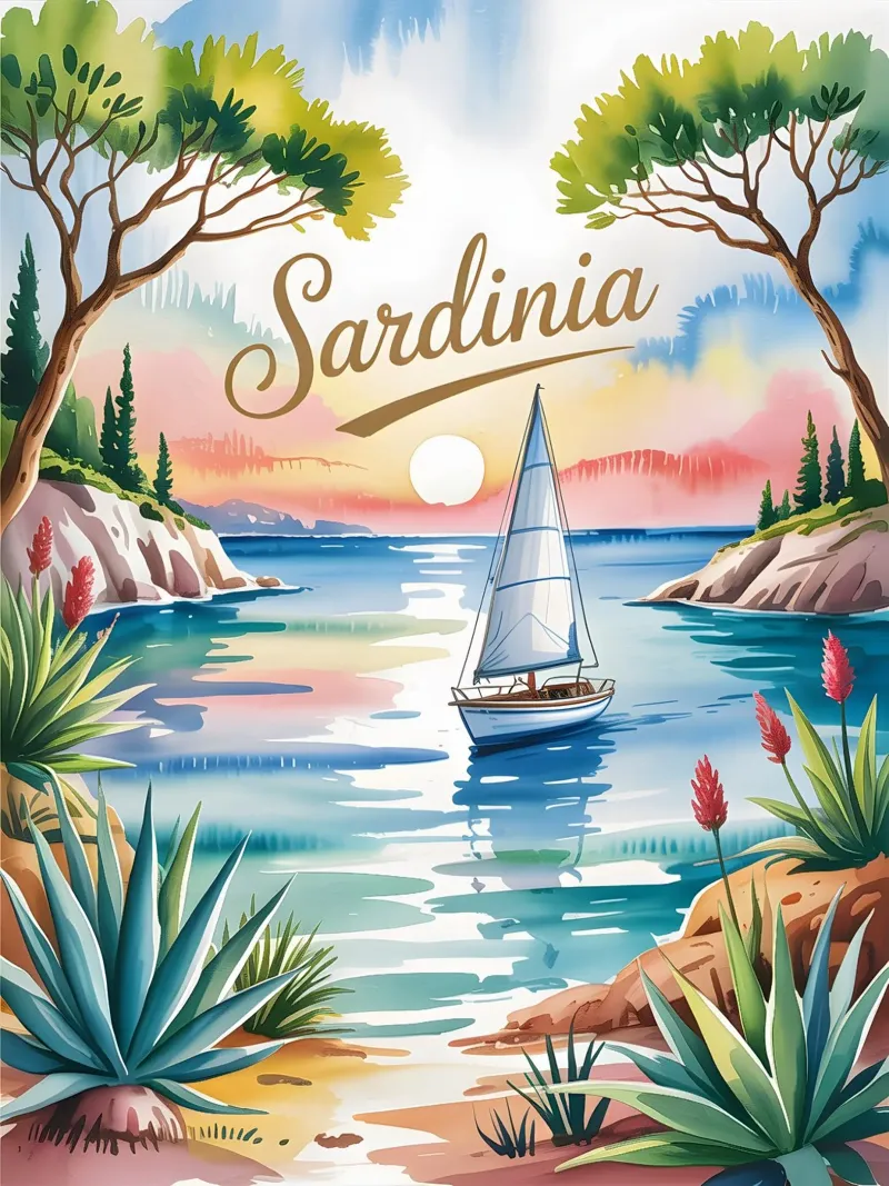 Sardinien Aquarell Reiseposter poster con telaio in legno da Vintage Travel Art