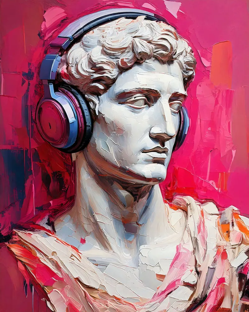 Ritratto Pop Art Scultura con cuffie Michelangelo David plexiglass da Take Your Art BV