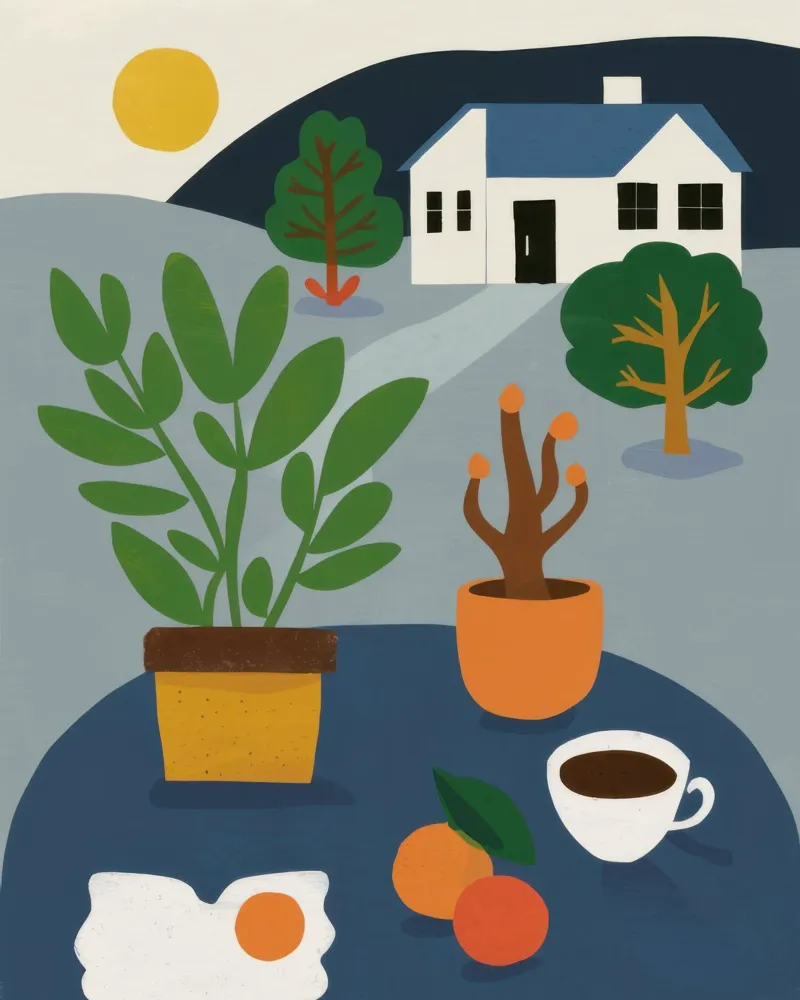 Caffè Hillside Stillness poster con telaio in alluminio da Luna Aura