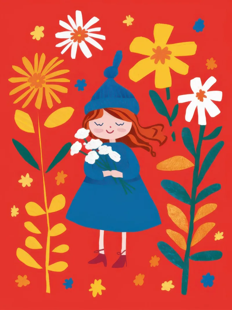 Bambina dei fiori dai capelli rossi poster con telaio in legno da Luna Aura