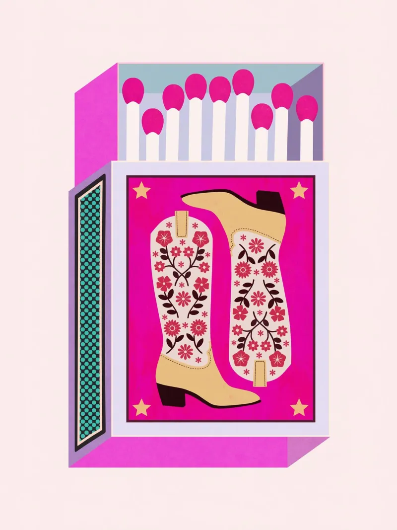 Botas vaqueras retro Matchbox magenta metacrilato de Asha Designs