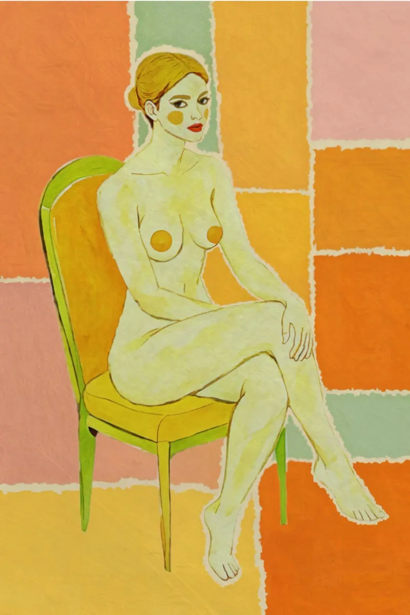Donna nuda in poltrona, tavolozza di colori retrò, Pop Art moderna poster con telaio in plastica da Hecate Pim Designs