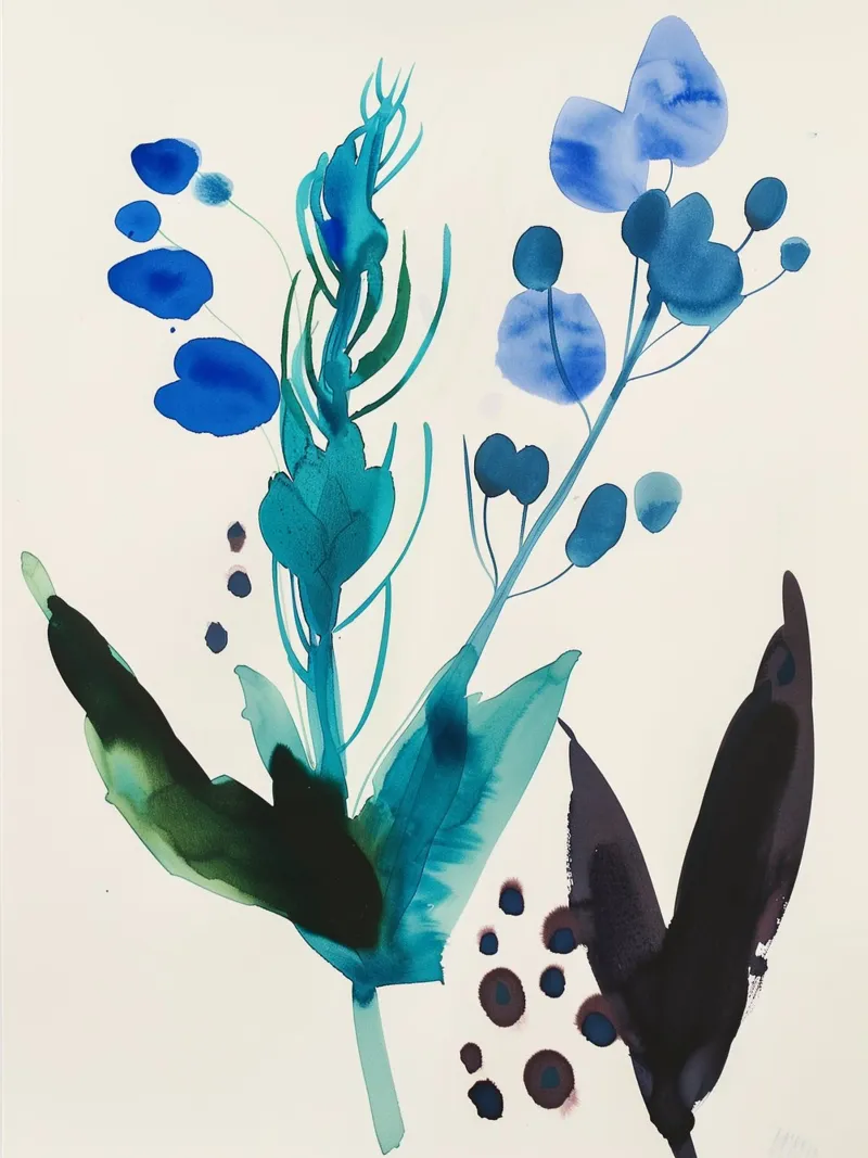Studio del giardino blu poster con telaio in alluminio da Sophia Calder Studio