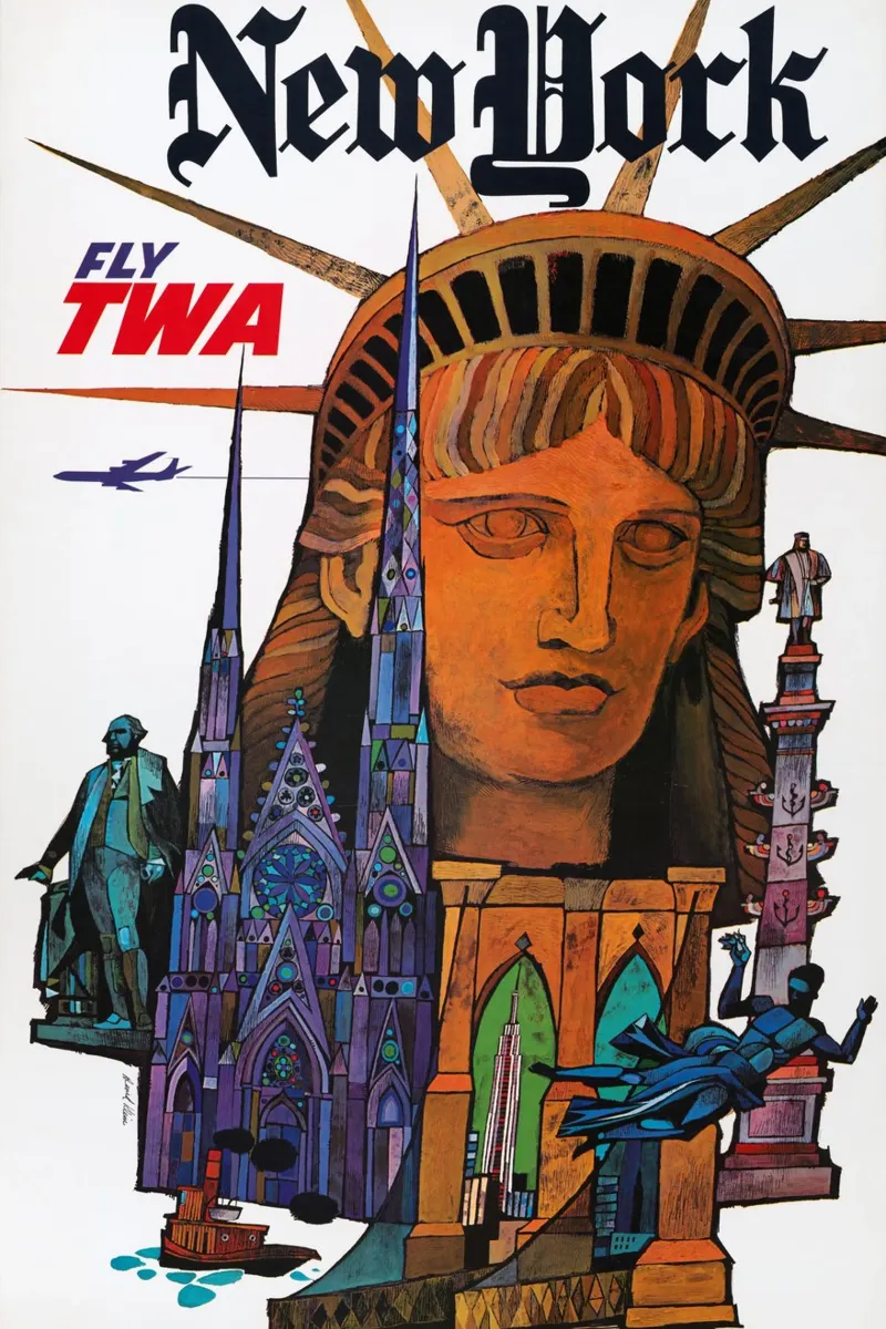 Poster di viaggio vintage della TWA di New York David Klein tela con Cornice a cassetta da homdeco