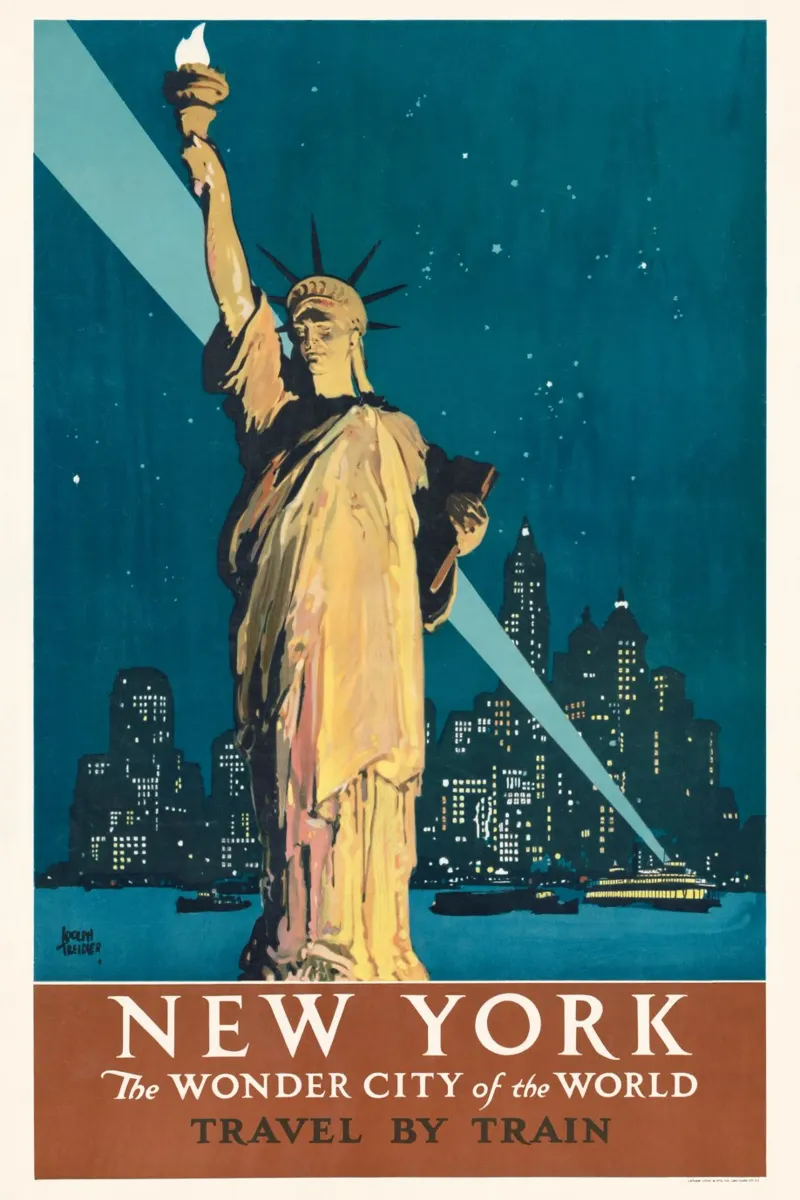 Poster ferroviario d'epoca della Statua della Libertà di New York poster con telaio in plastica da homdeco