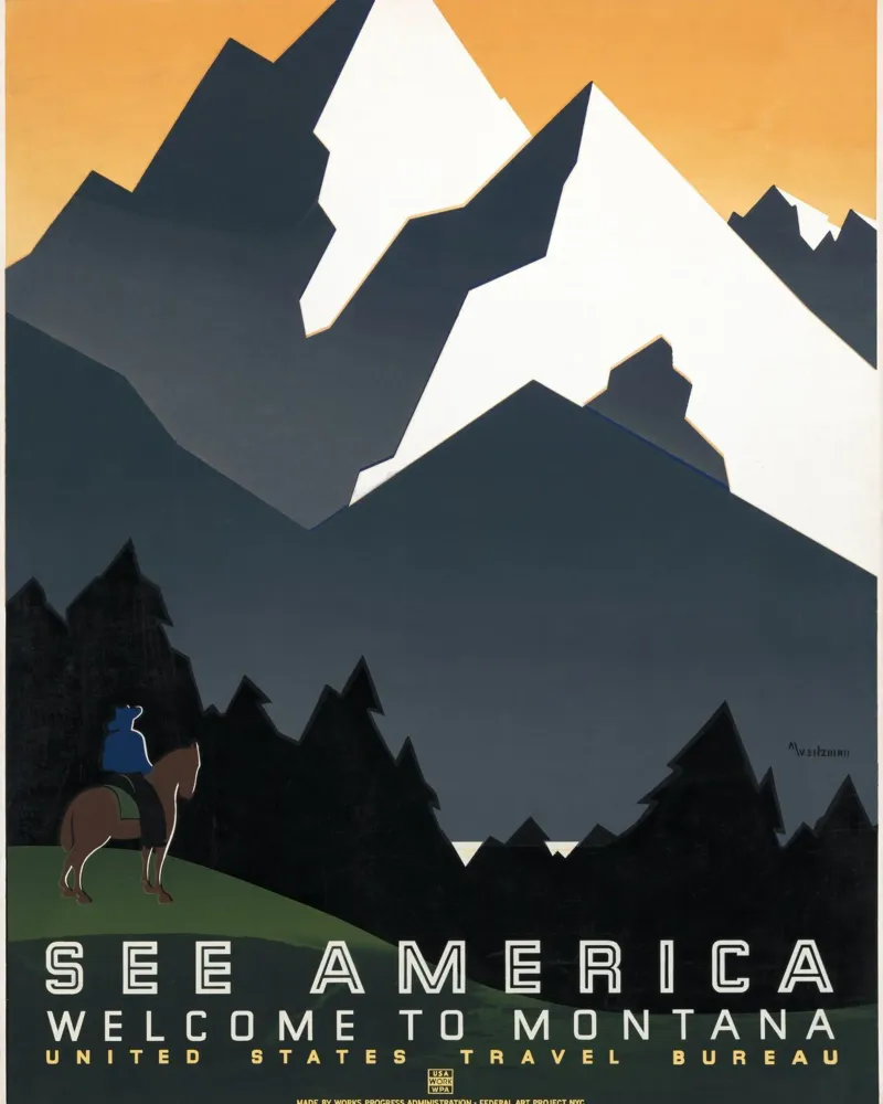 Zie Amerika Montana WPA Reisposter Midden-eeuwse kunst canvas met Baklijst van homdeco