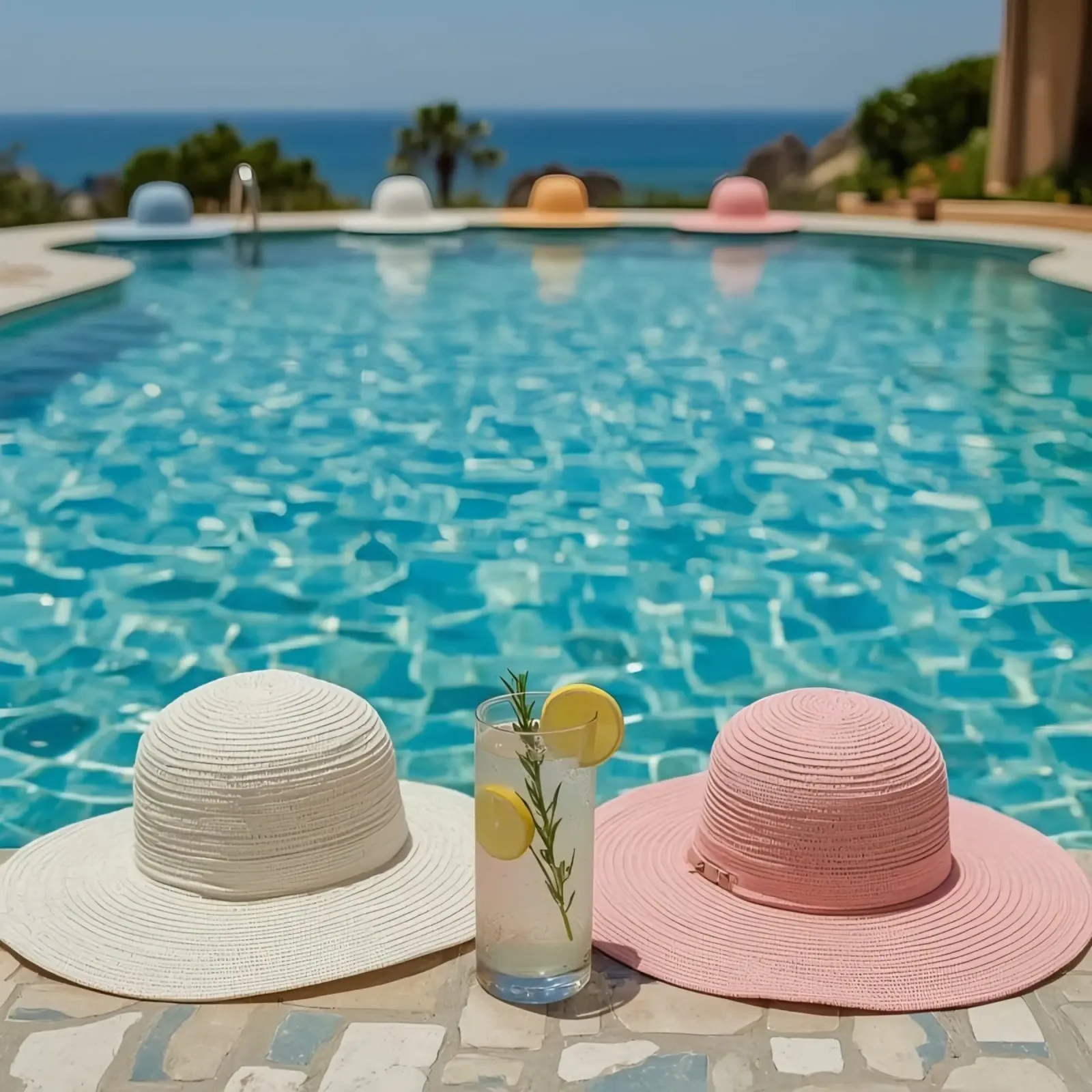 Straw Hats and Lemon Rosemary Drink by the Swimming Pool canvas with Floater frame by DesignDoodle