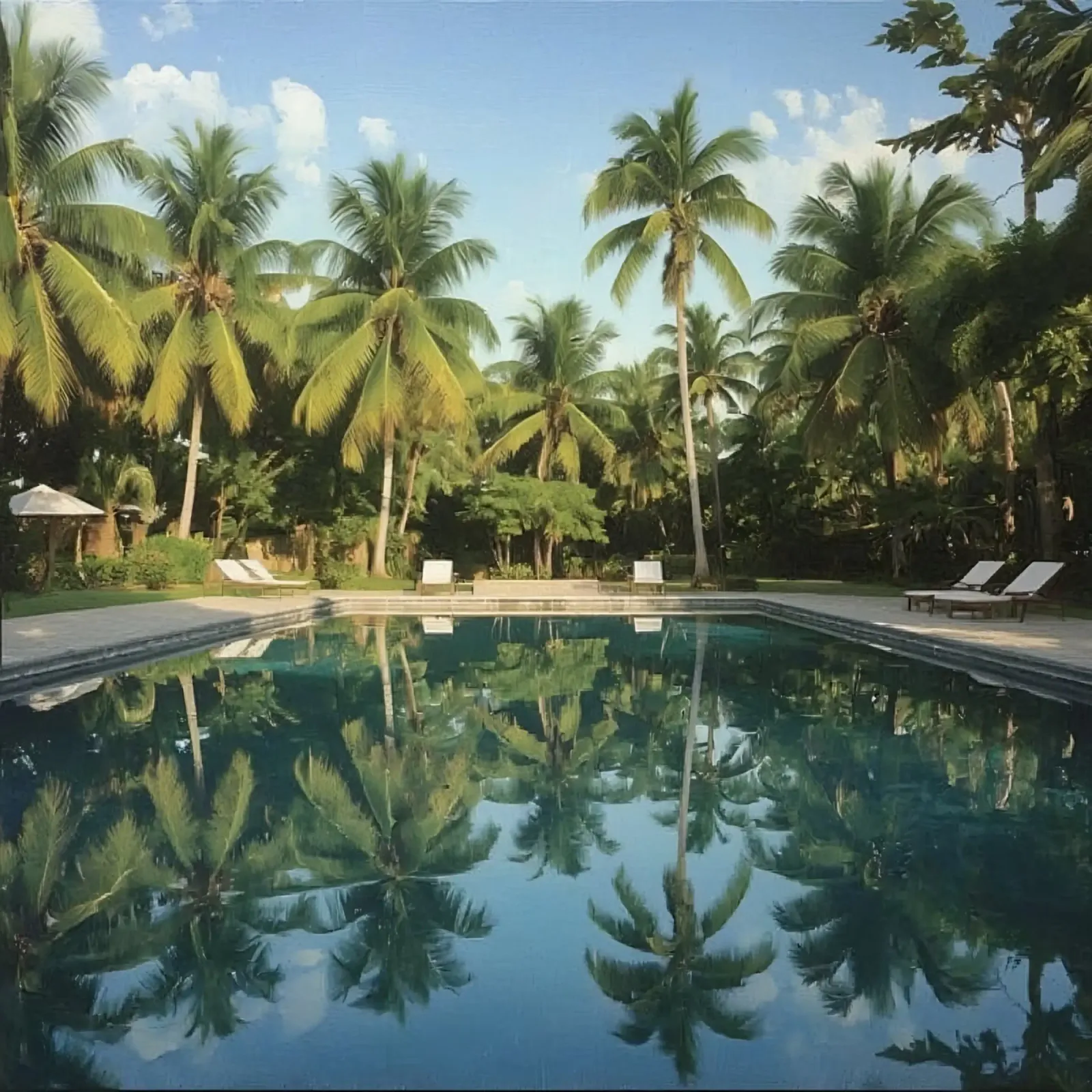 Swimming Pool Reflecting Palm Trees and Sky poster with aluminum frame by DesignDoodle