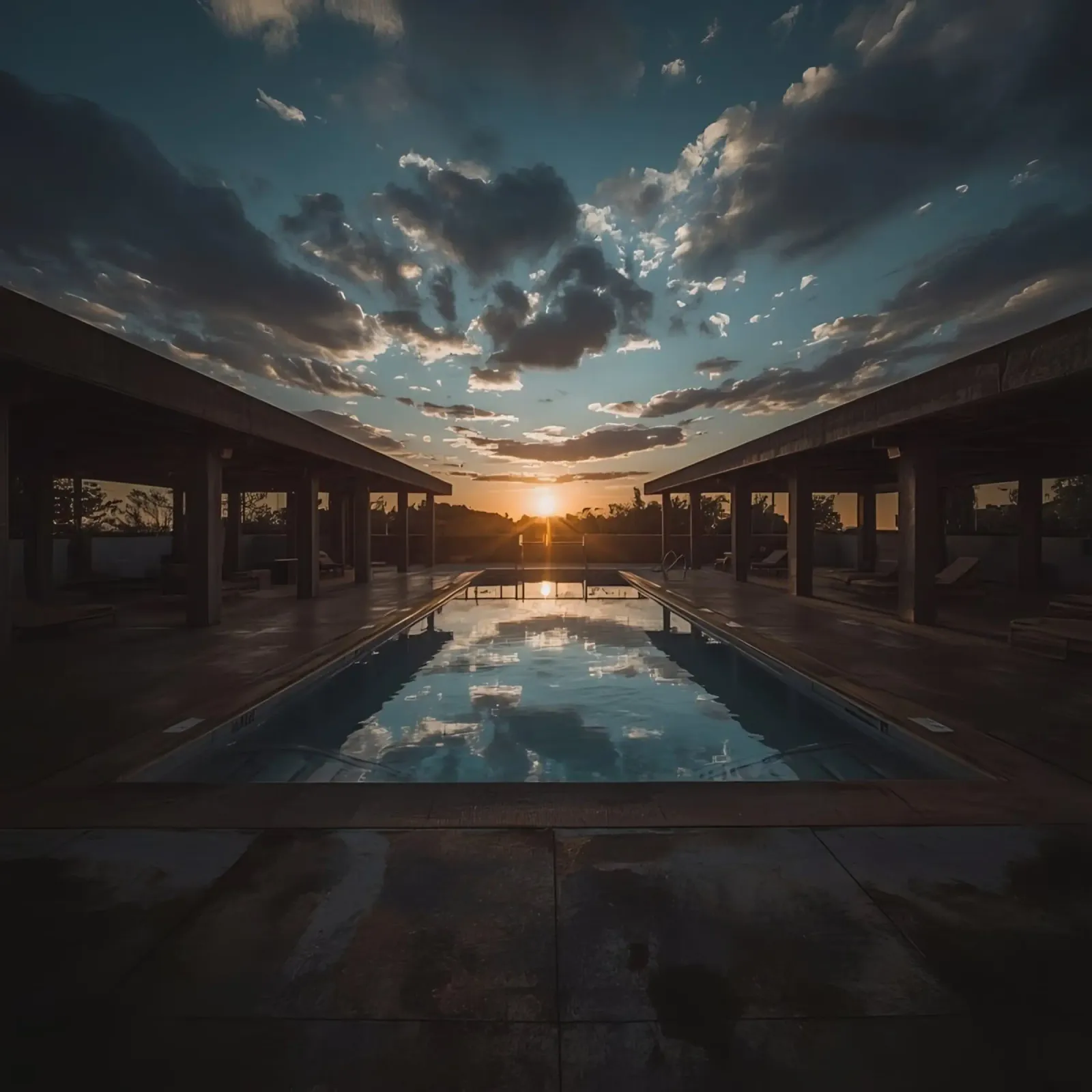 Swimming Pool Reflecting Sunset with Covered Structures canvas by DesignDoodle