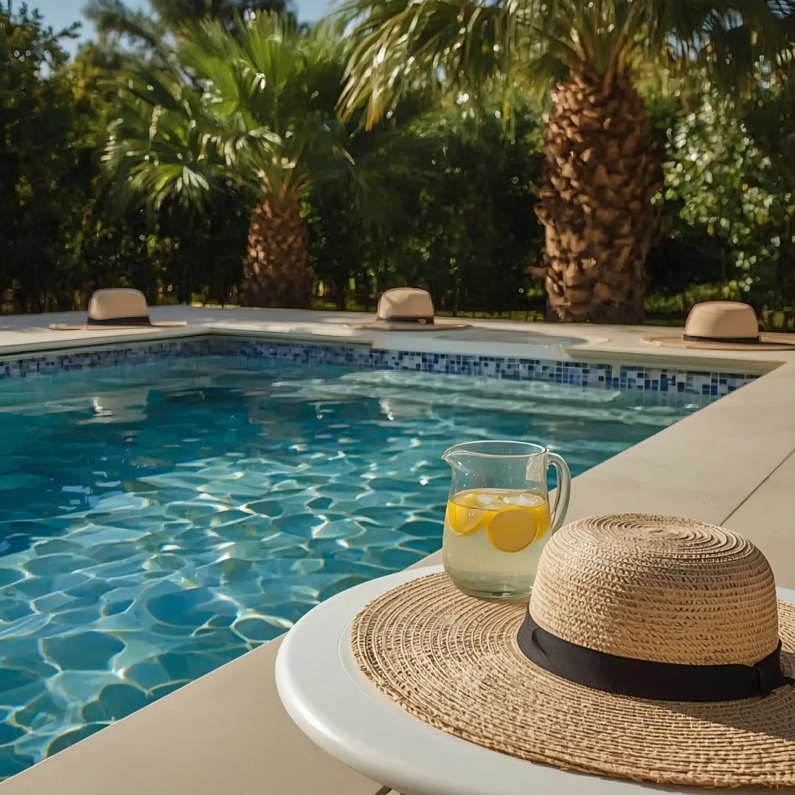 Swimming Pool with Hats Palm Trees and Lemon Water canvas with Floater frame by DesignDoodle