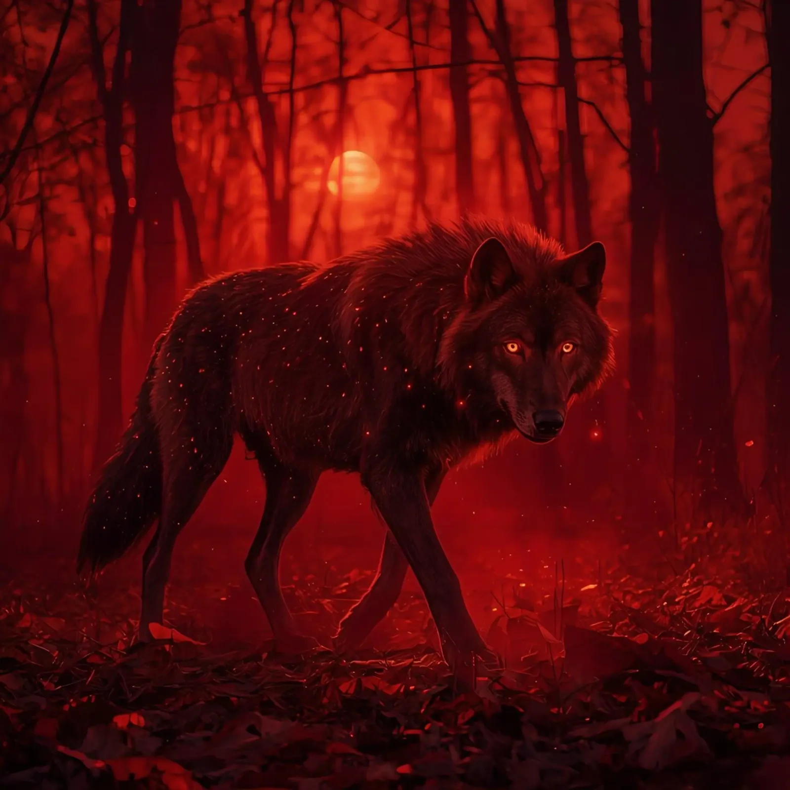 Loup dans la forêt rouge sous la lune poster avec cadre en aluminium de DesignDoodle