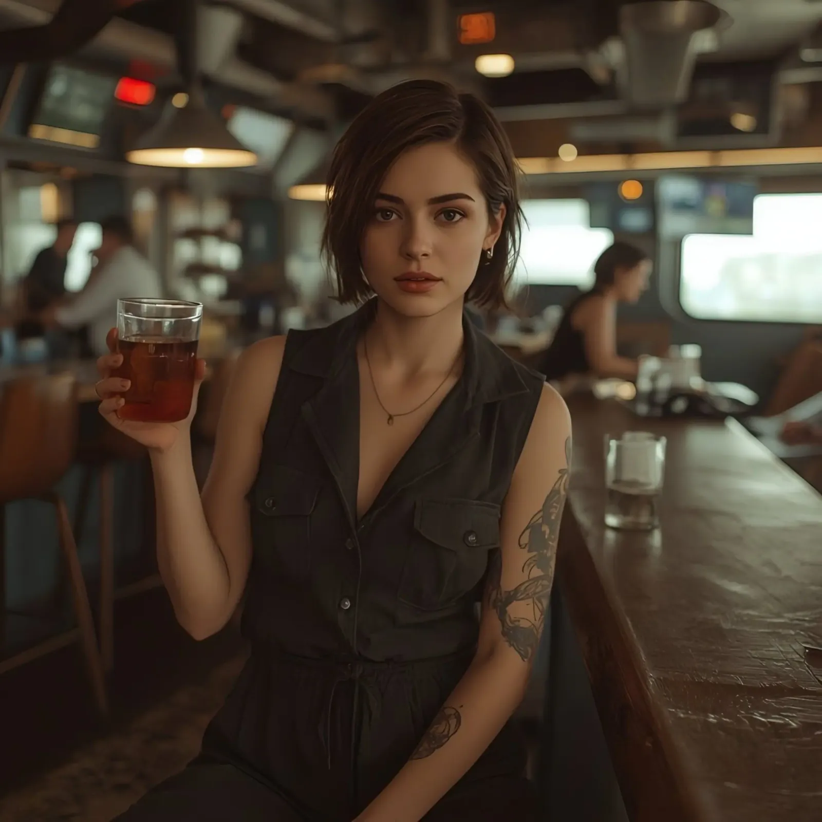 Mujer con una copa en la barra de un bar lienzo con Marco flotante de DesignDoodle