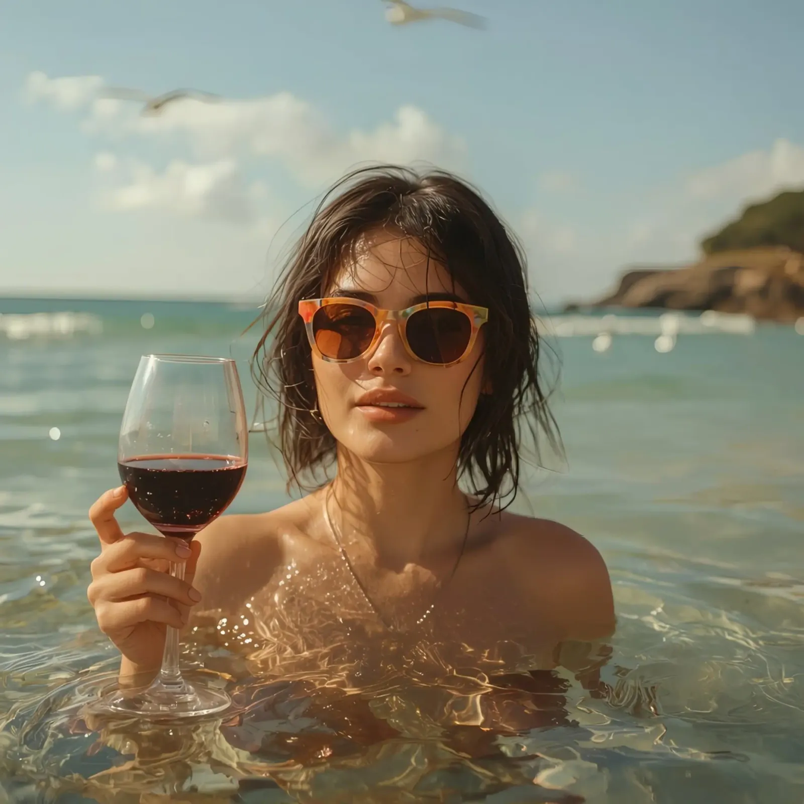 Donna nell'oceano con in mano un bicchiere di vino rosso poster da DesignDoodle