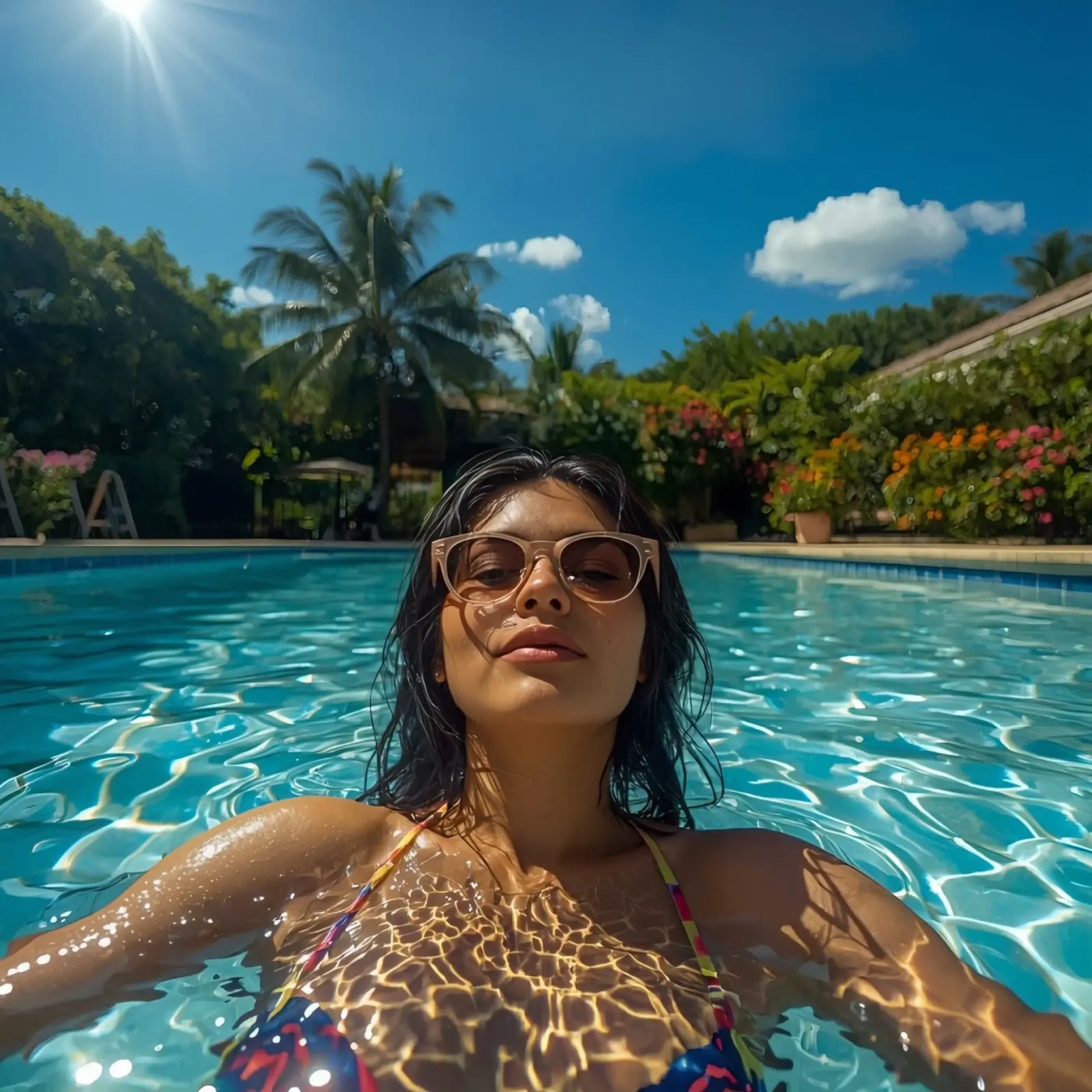 Donna in piscina con occhiali da sole Selfie tropicale poster con telaio in legno da DesignDoodle