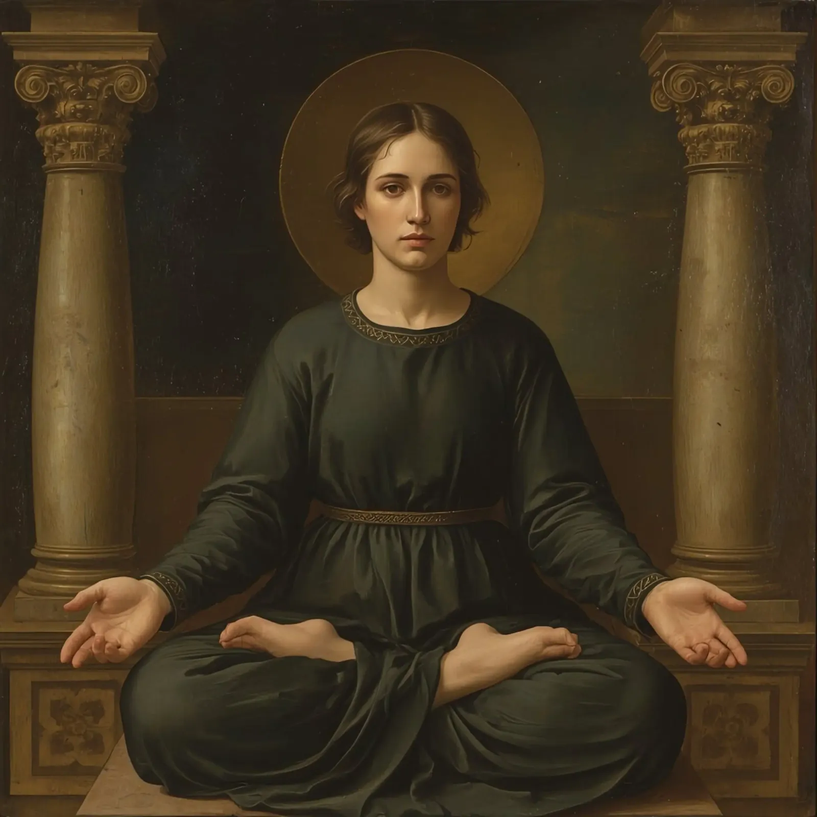 Woman Meditating Between Columns with Halo canvas with Floater frame by DesignDoodle
