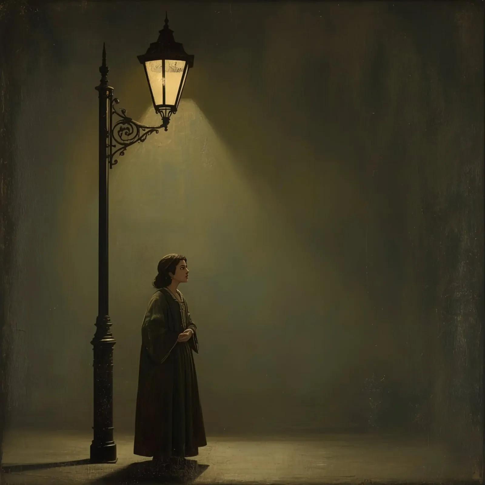 Donna in piedi accanto a un lampione illuminato di notte poster con telaio in legno da DesignDoodle