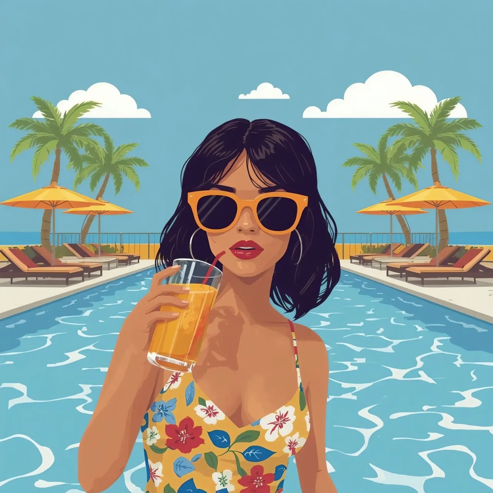 Donna con drink in piscina poster con telaio in alluminio da DesignDoodle
