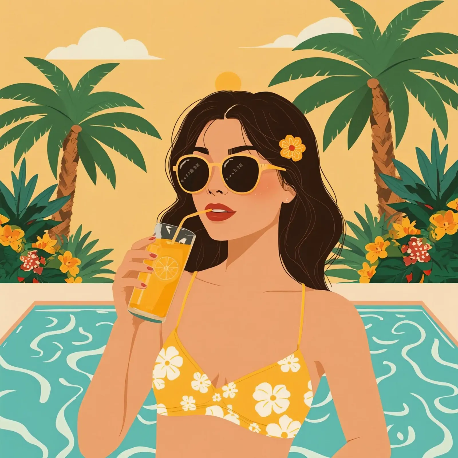 Donna con succo di frutta in piscina con palme poster da DesignDoodle