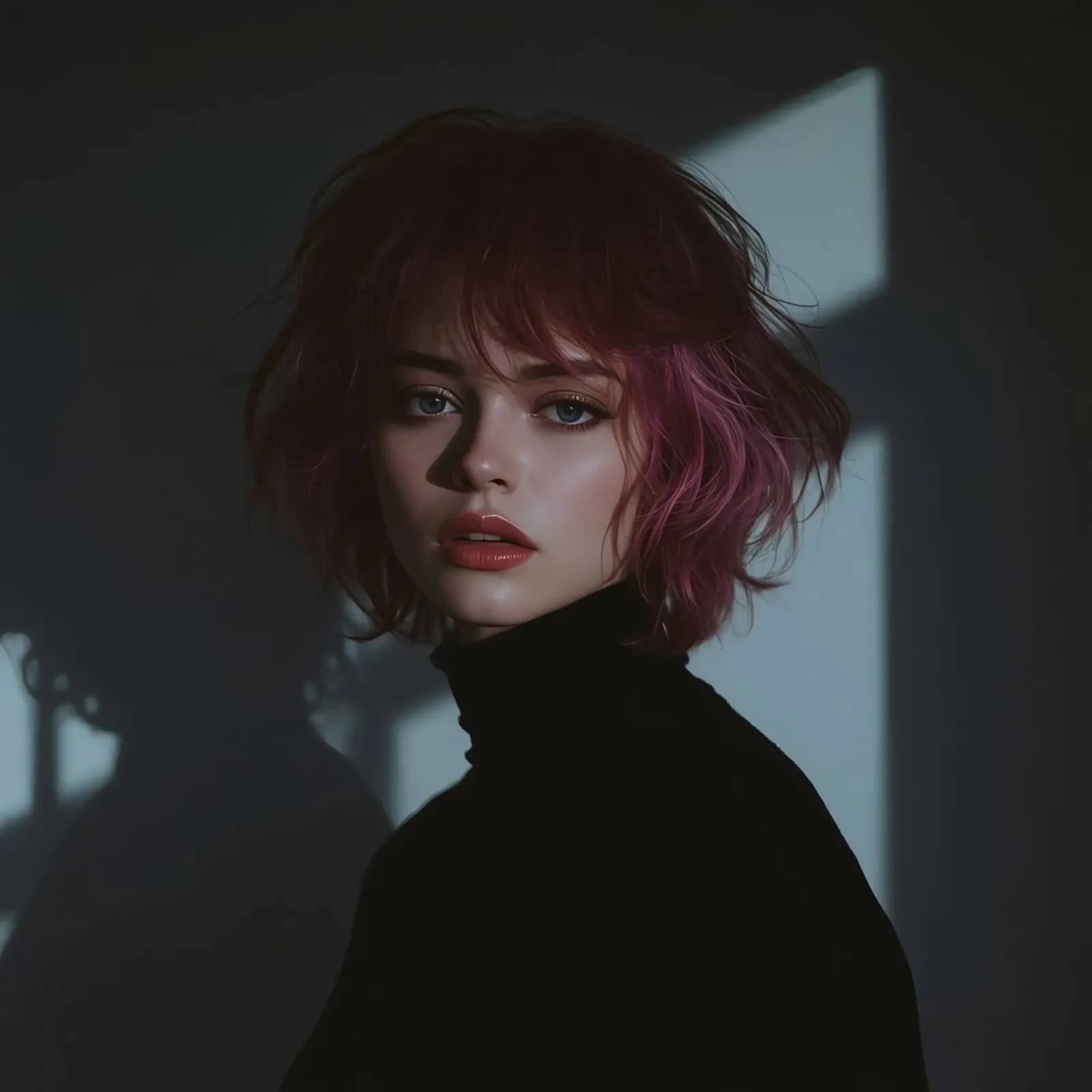 Vrouw met roze haar in zwarte coltrui tegen donkere achtergrond canvas met Baklijst van DesignDoodle