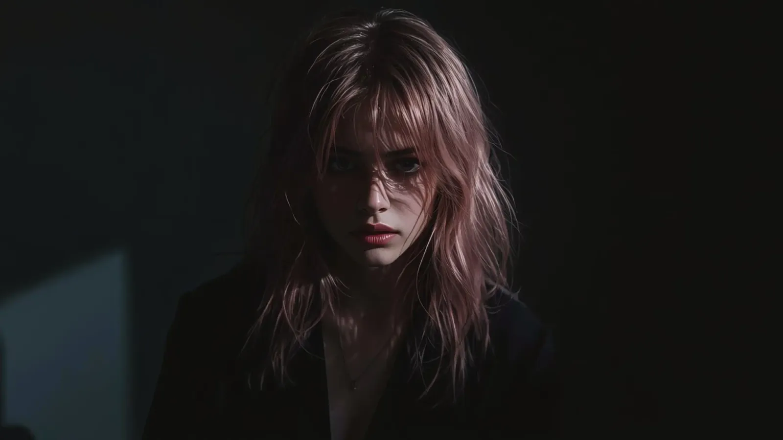 Vrouw met roze lang haar in donker jasje canvas met Baklijst van DesignDoodle