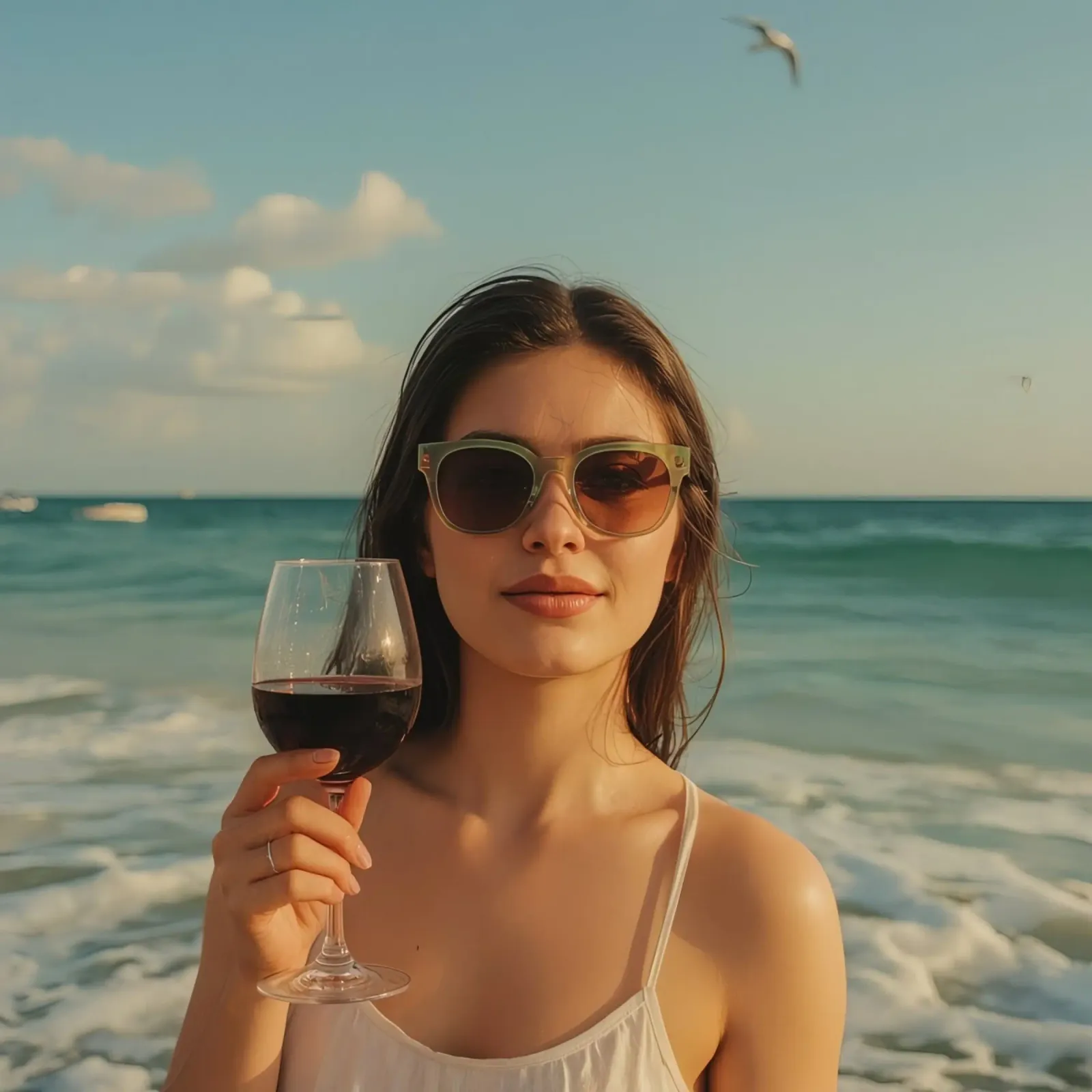 Donna con bicchiere di vino sulla spiaggia poster da DesignDoodle