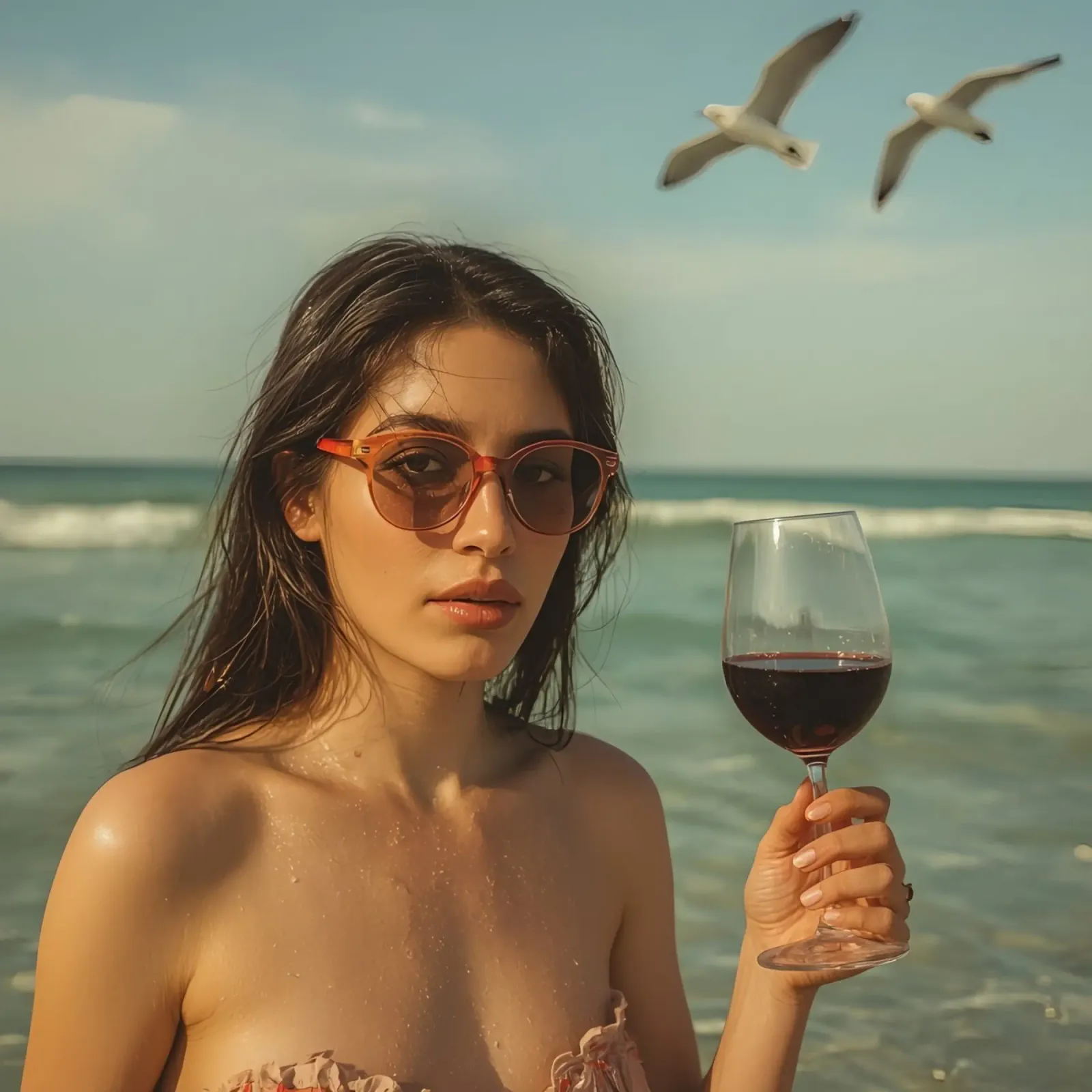 Donna con bicchiere di vino sulla spiaggia Gabbiani sopra la testa poster da DesignDoodle