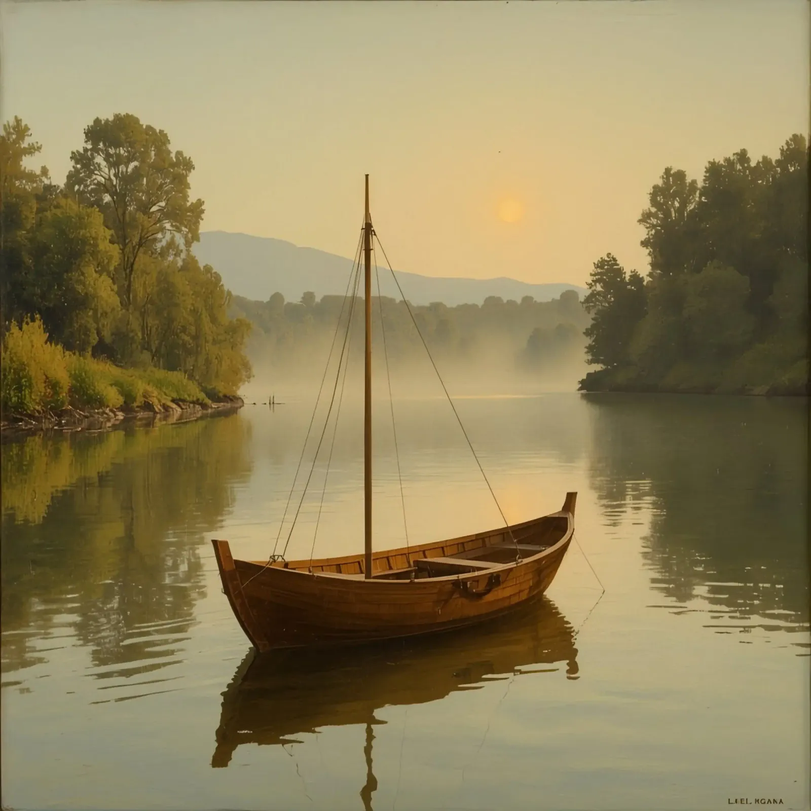 Barca a vela in legno sul fiume all'alba poster da DesignDoodle