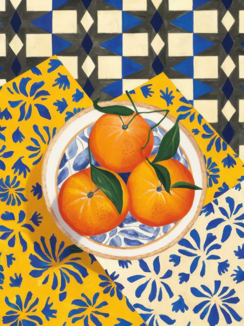 Tiled Table Oranges canvas with Floater frame by Trace Brush