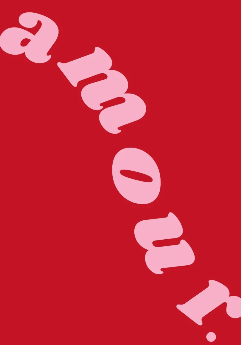 Audace stampa d'amore francese - "Amour." in rosa su rosso poster con telaio in legno da Ink &Echo