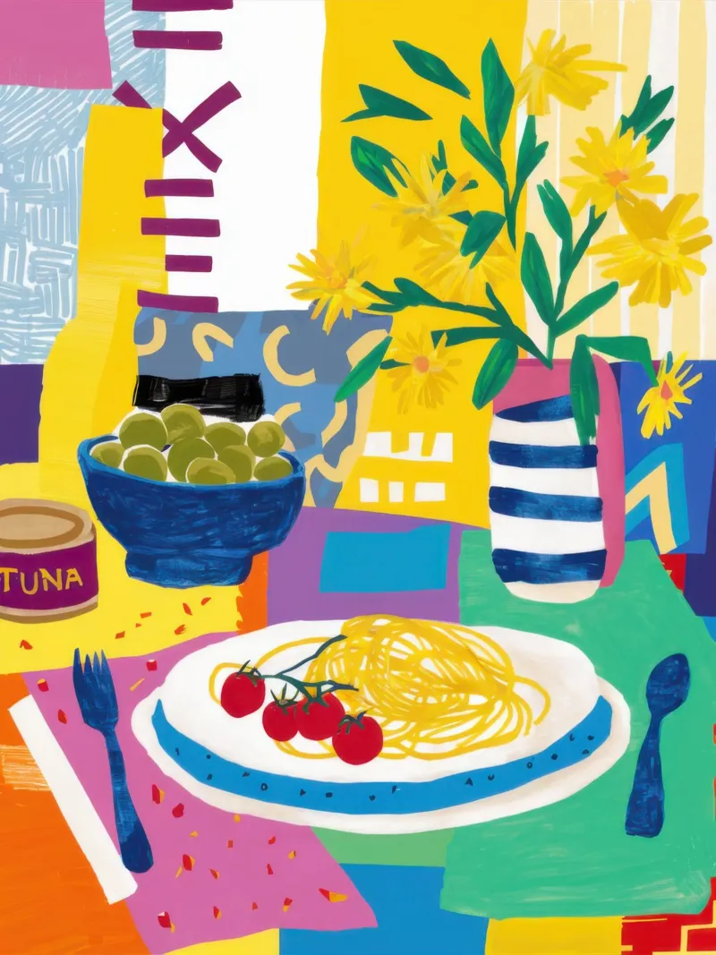 Levendig Pastafeest canvas met Baklijst van Selene Shade