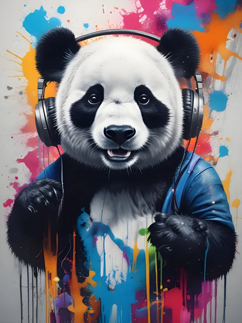 Panda tanzt mit Kopfhörern Poster mit Aluminium Rahmen von MakArena