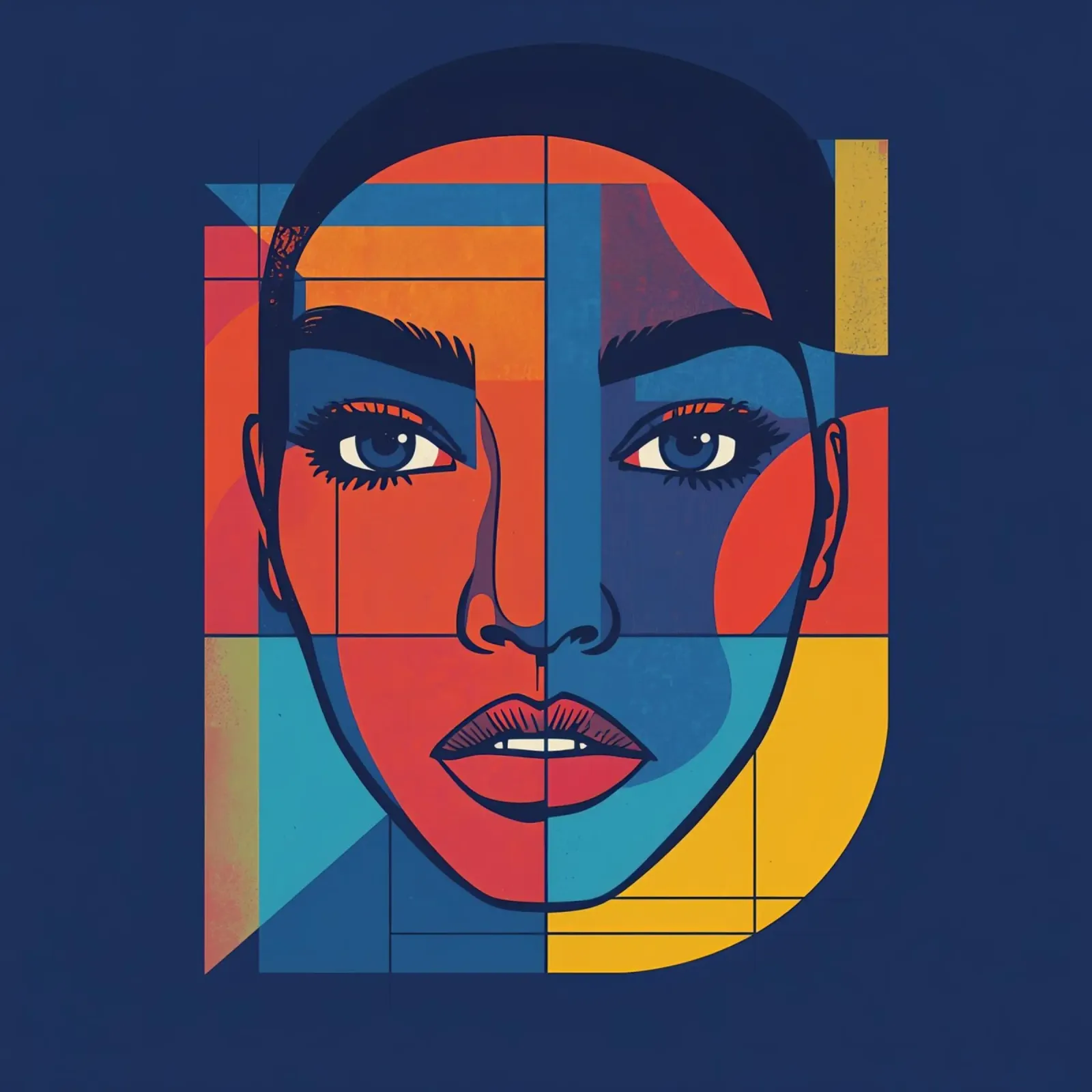 Abstraktes geometrisches Porträt einer Frau, blauer Hintergrund Leinwand mit Schattenfugenrahmen von DesignDoodle