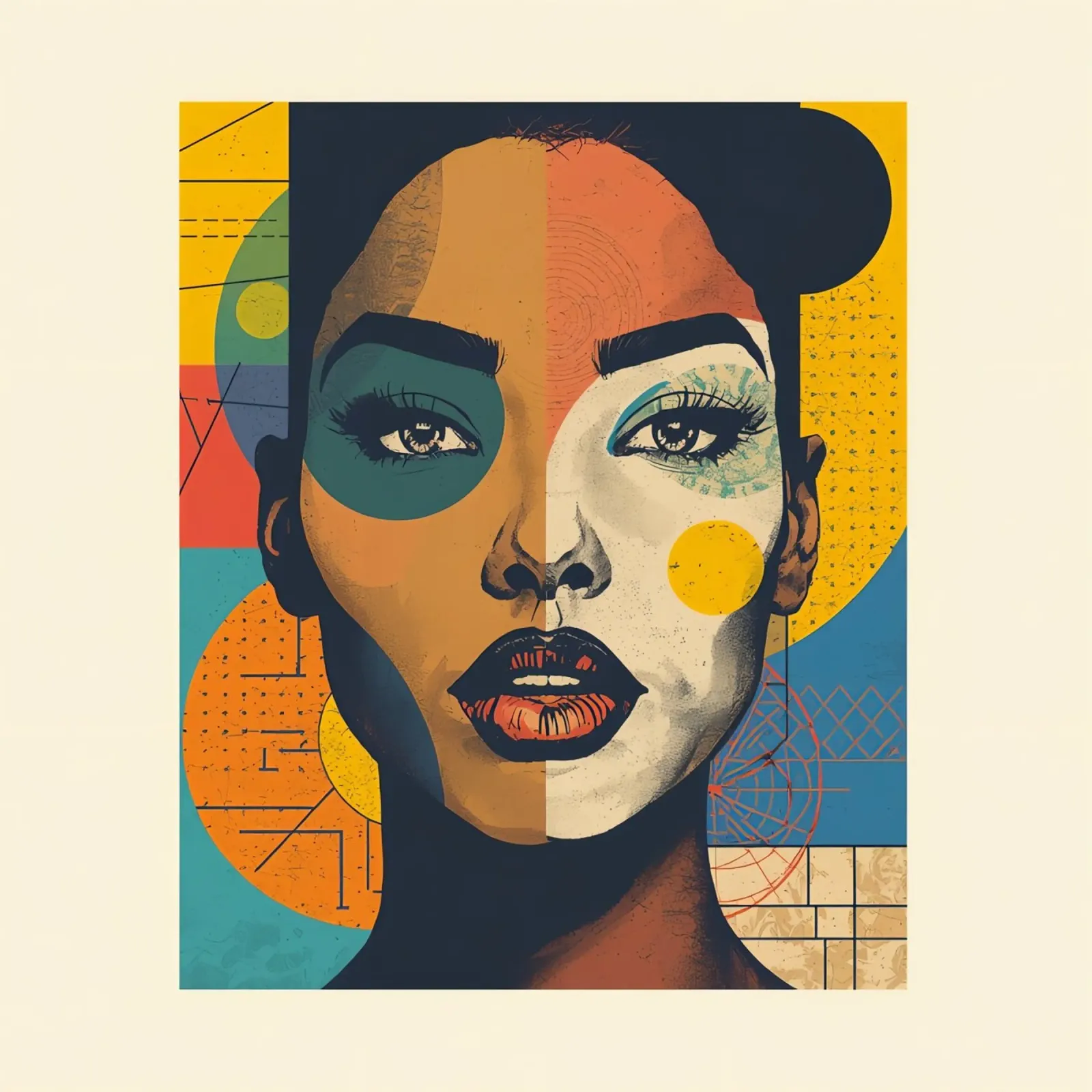 Abstraktes Porträt einer Frau mit geometrischem Hintergrund Poster mit Holzrahmen von DesignDoodle