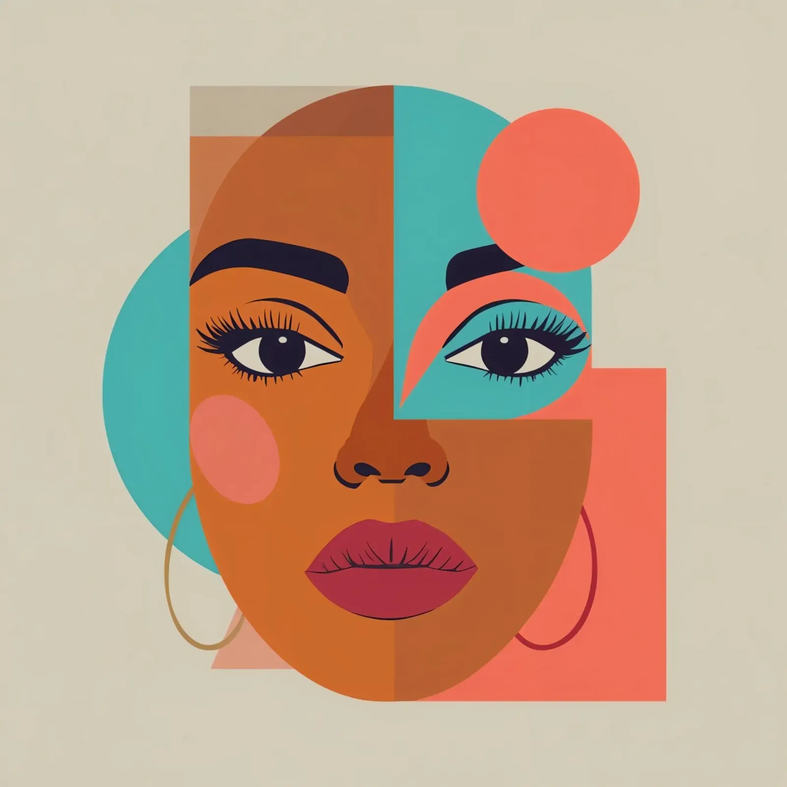 Portrait abstrait d'une femme avec des formes géométriques et chaudes poster avec cadre en bois de DesignDoodle