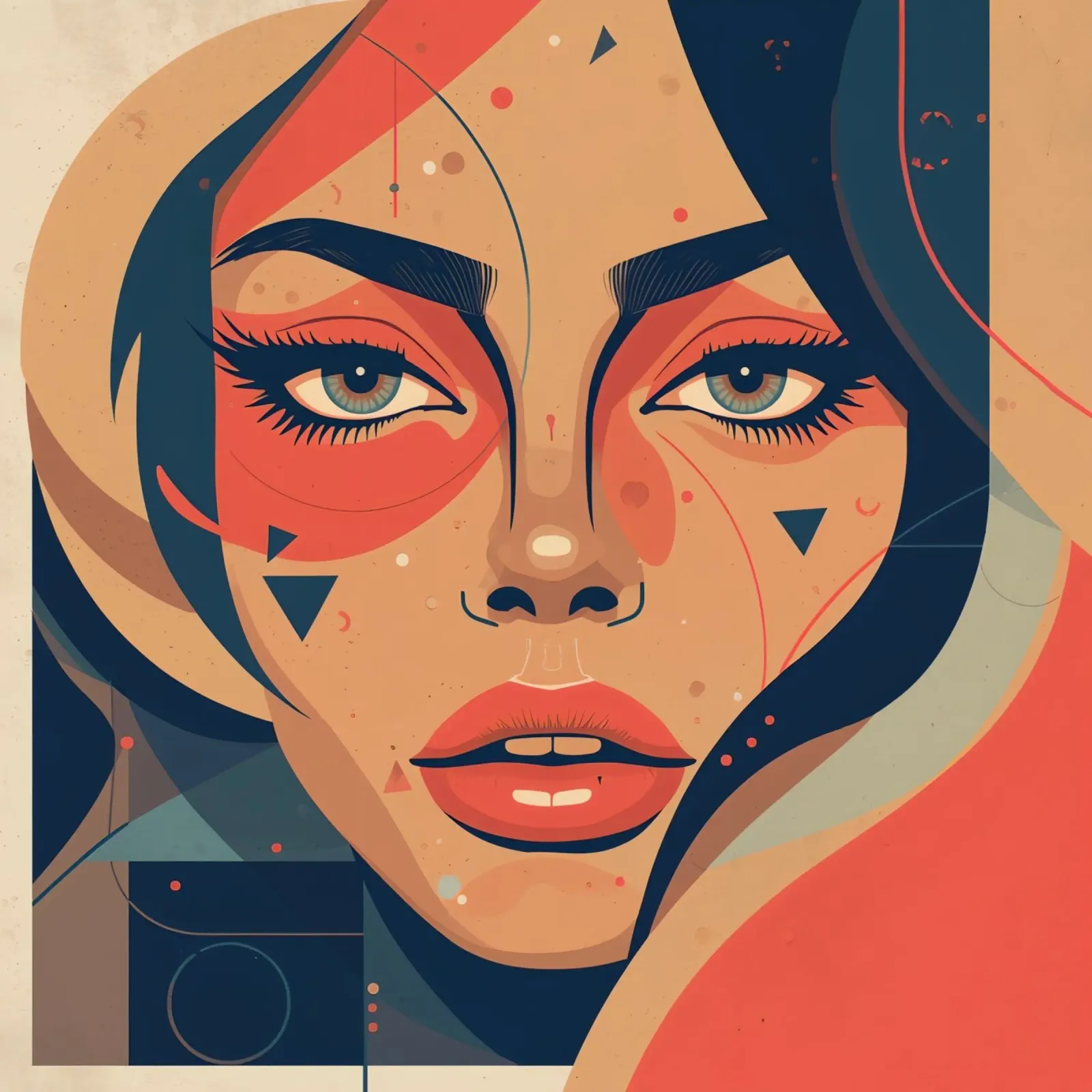 Volto di donna astratto con elementi geometrici freddi poster con telaio in legno da DesignDoodle