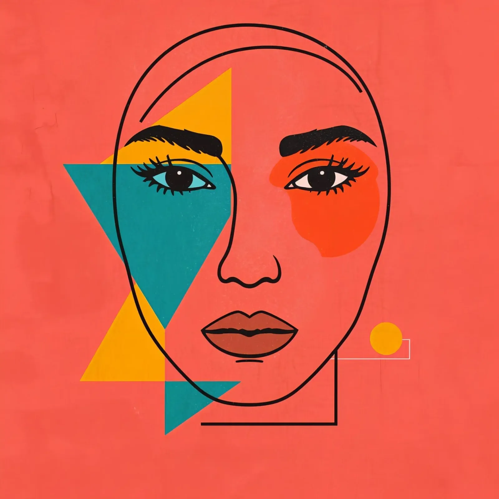 Abstract Woman's Face with Geometric Shapes red background poster with aluminum frame by DesignDoodle
