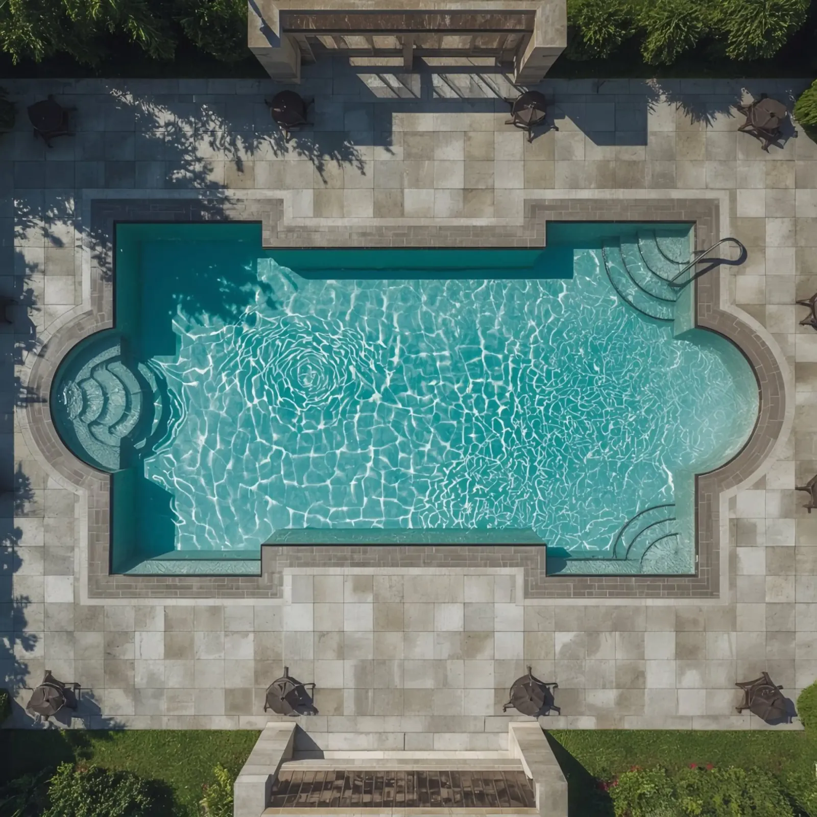 Vue aérienne d'une piscine rectangulaire avec un patio en pierre poster avec cadre en aluminium de DesignDoodle