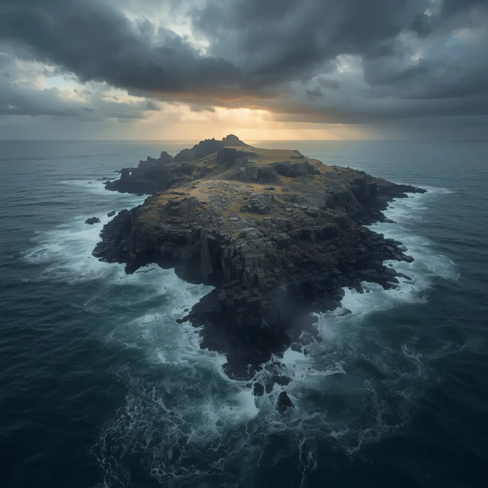Vue aérienne de l'île Rocky entourée par l'océan avec tempête poster avec cadre en aluminium de DesignDoodle