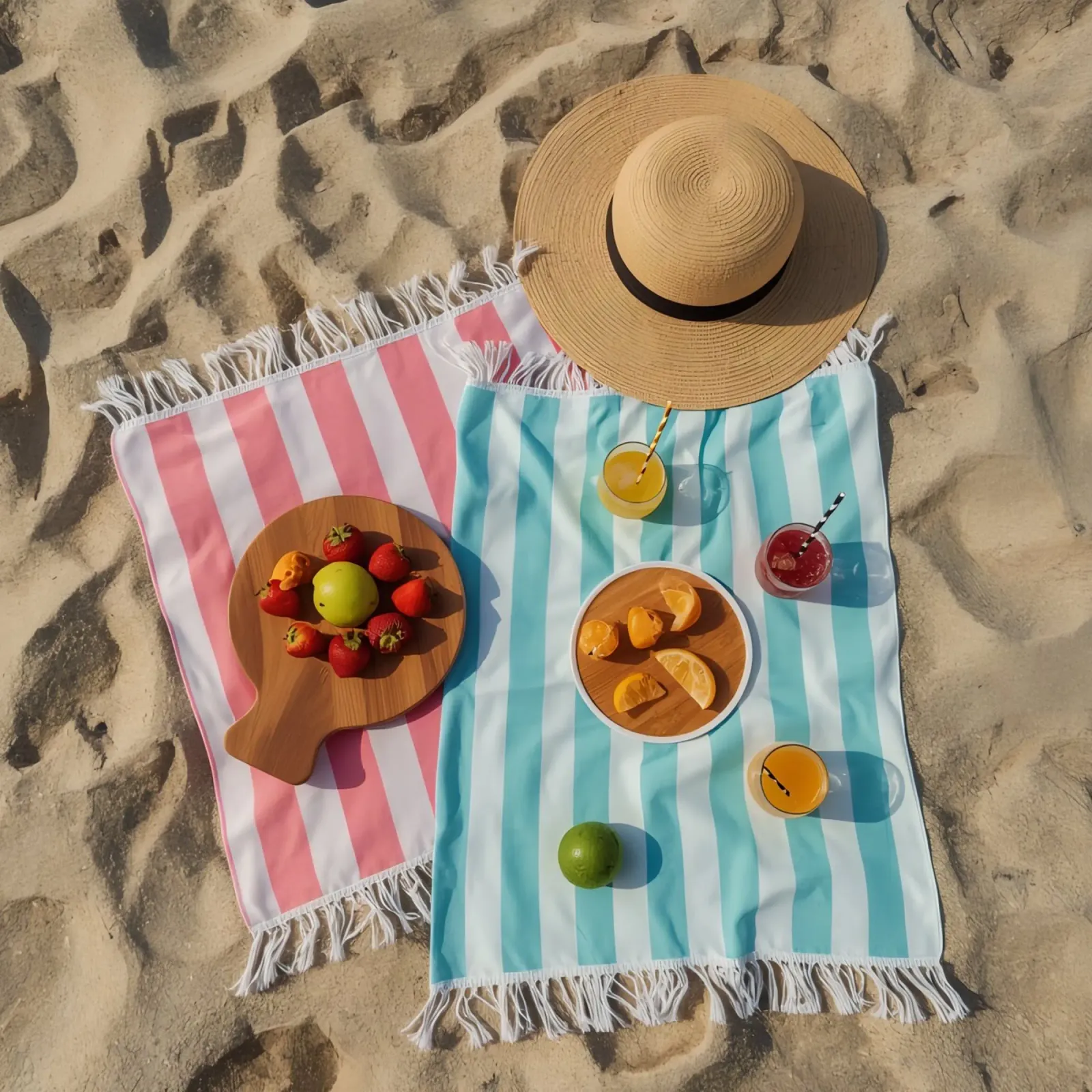 Scena di spiaggia con asciugamani, bevande alla frutta e cappello di paglia pellicola backlit da DesignDoodle