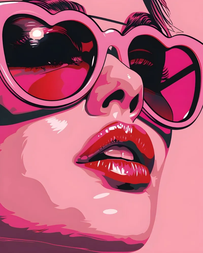 Donna rosa con occhiali a cuore poster con telaio in plastica da Yaso Design & Art